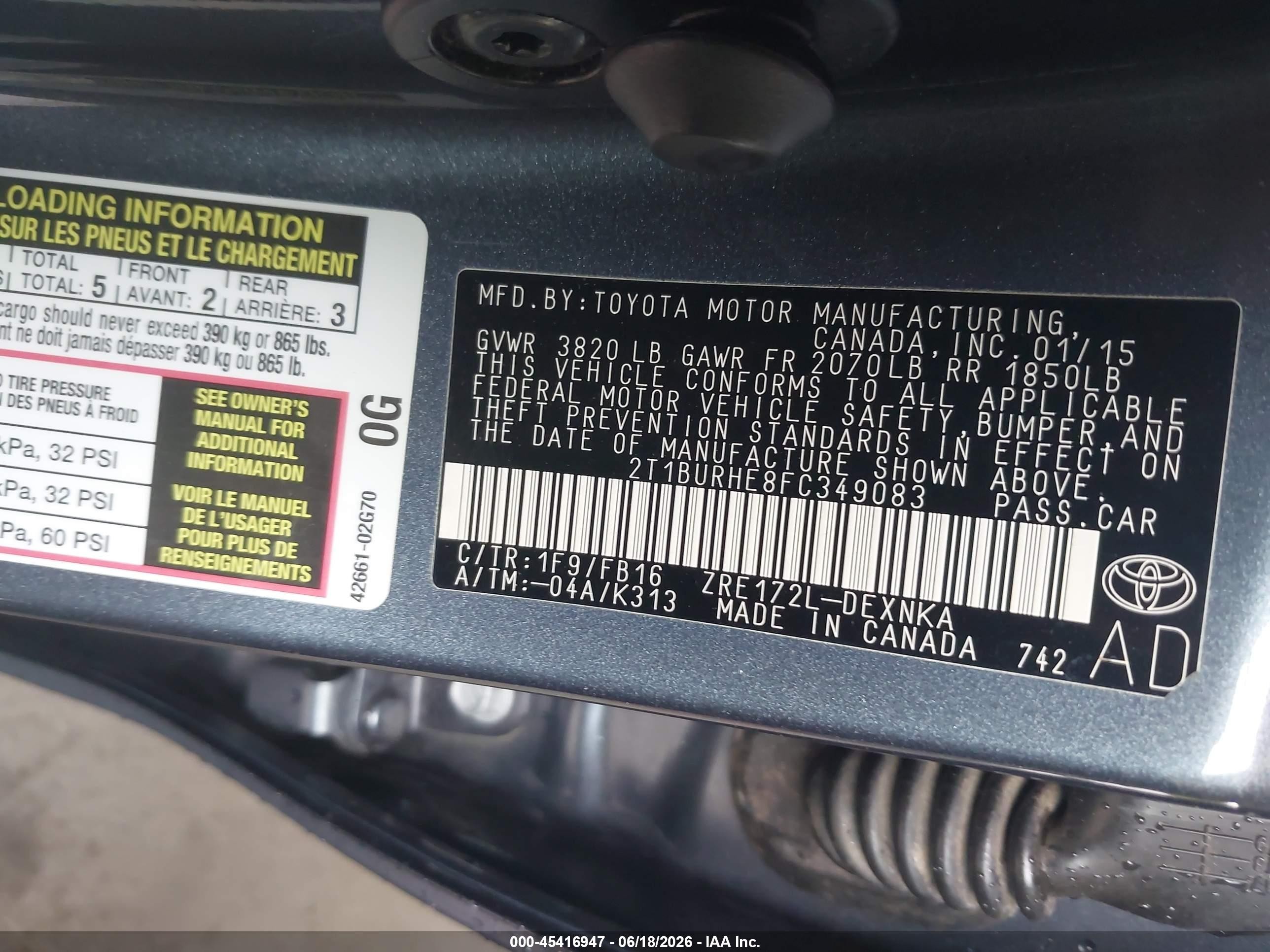 2015 Toyota Corolla Le Gray vin: 2T1BURHE8FC349083