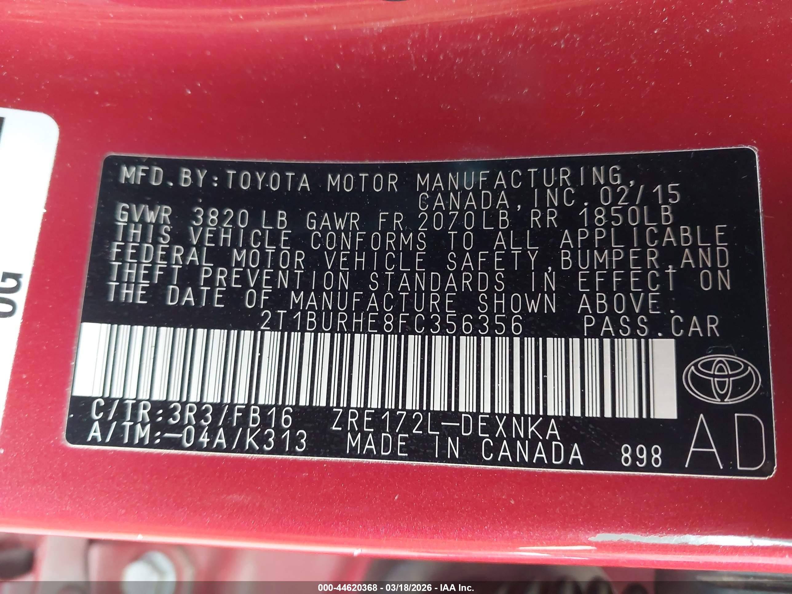 2015 Toyota Corolla Le Red vin: 2T1BURHE8FC356356
