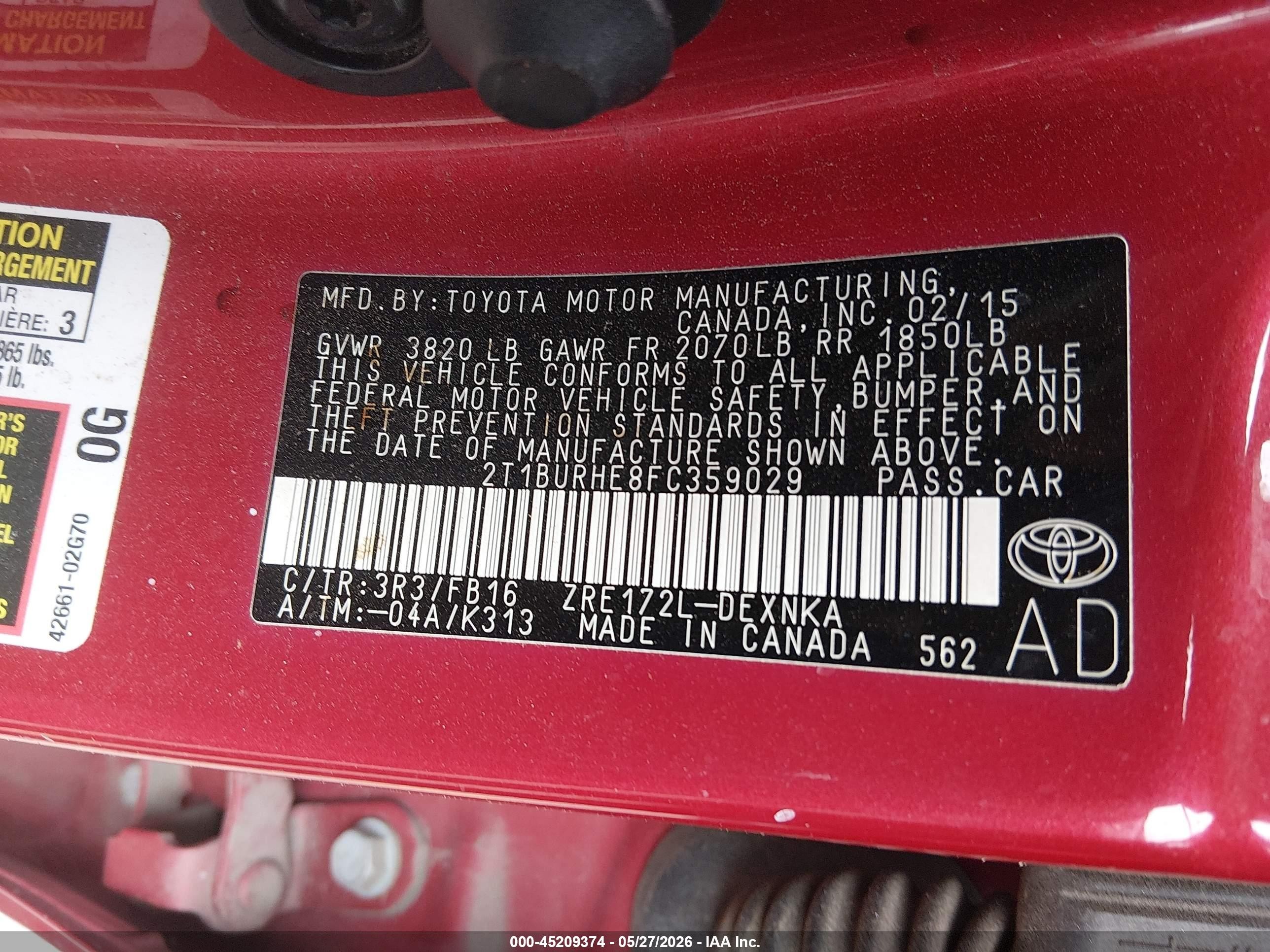 2015 Toyota Corolla Le Red vin: 2T1BURHE8FC359029