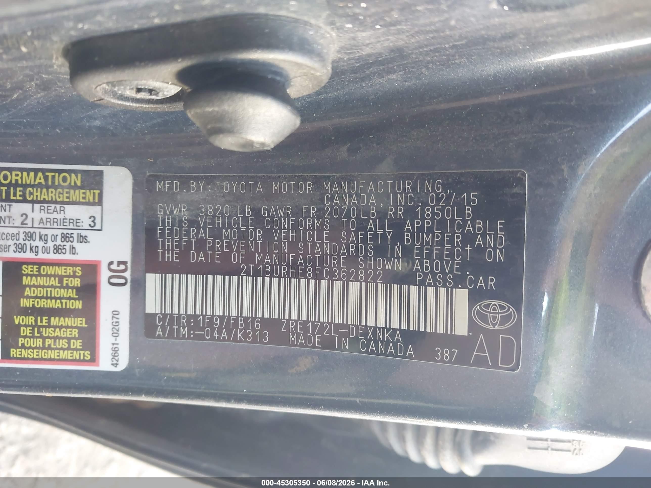2015 Toyota Corolla Le Blue vin: 2T1BURHE8FC362822