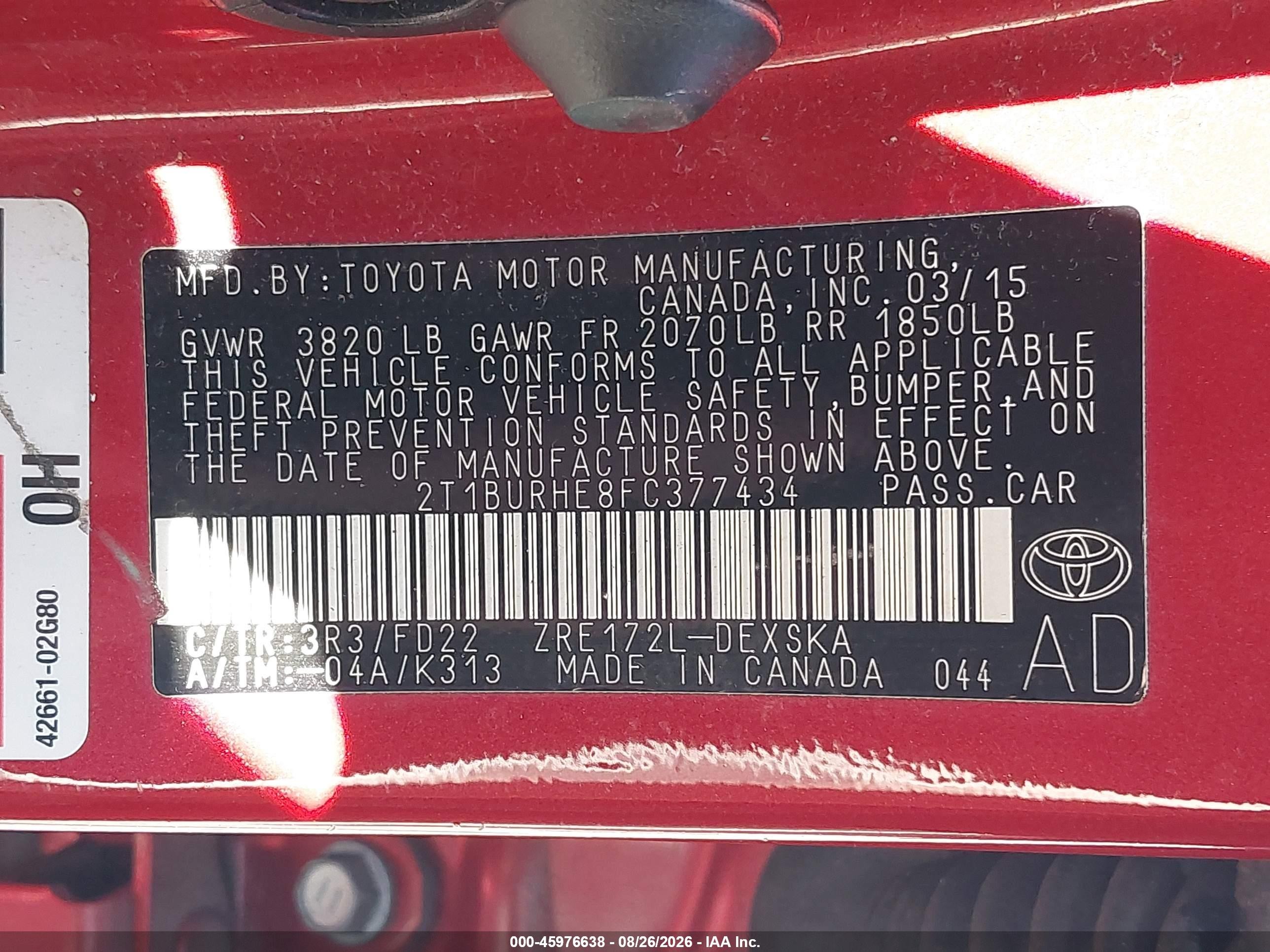 2015 Toyota Corolla S Plus Red vin: 2T1BURHE8FC377434