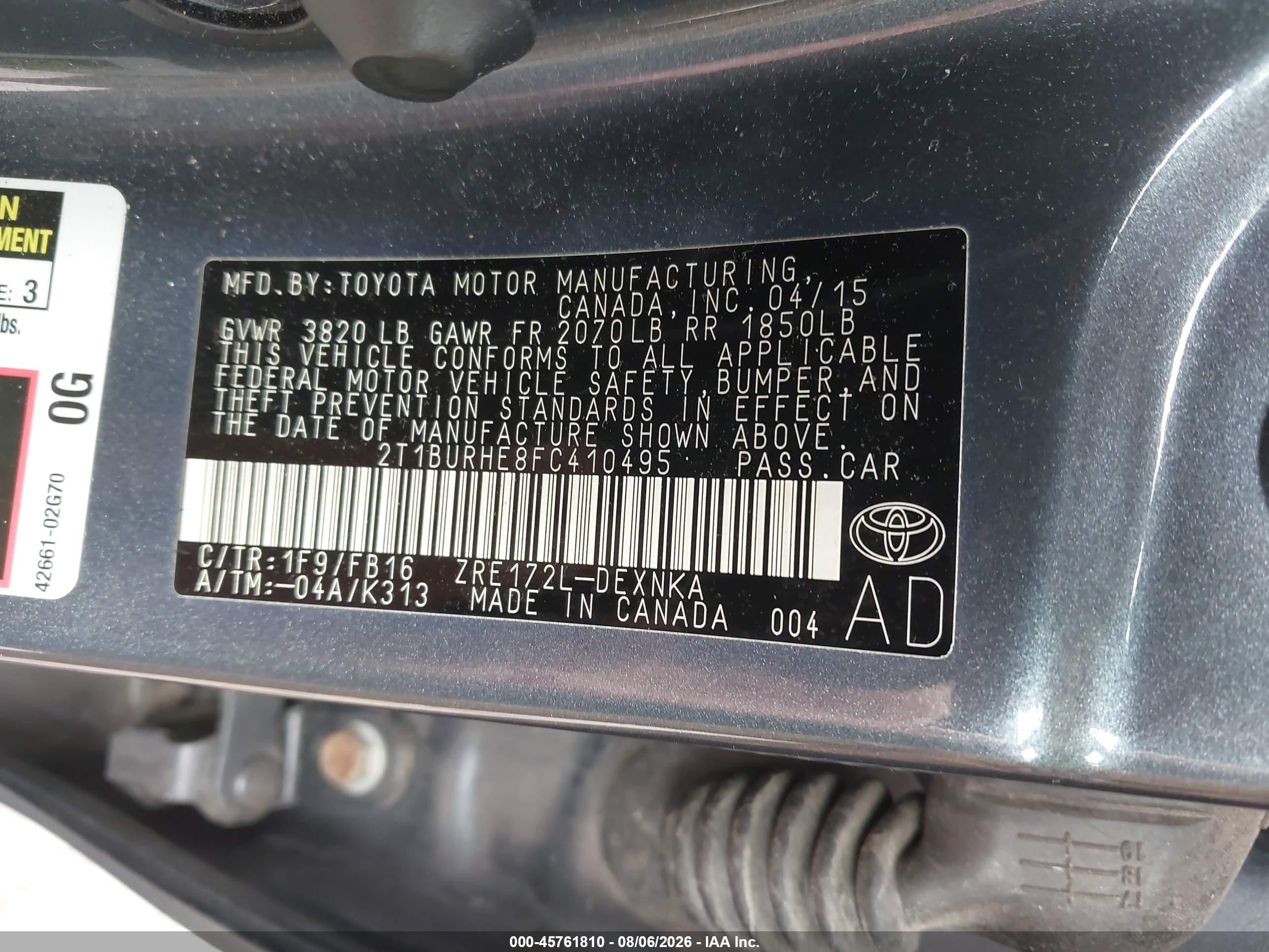 2015 Toyota Corolla Le Blue vin: 2T1BURHE8FC410495