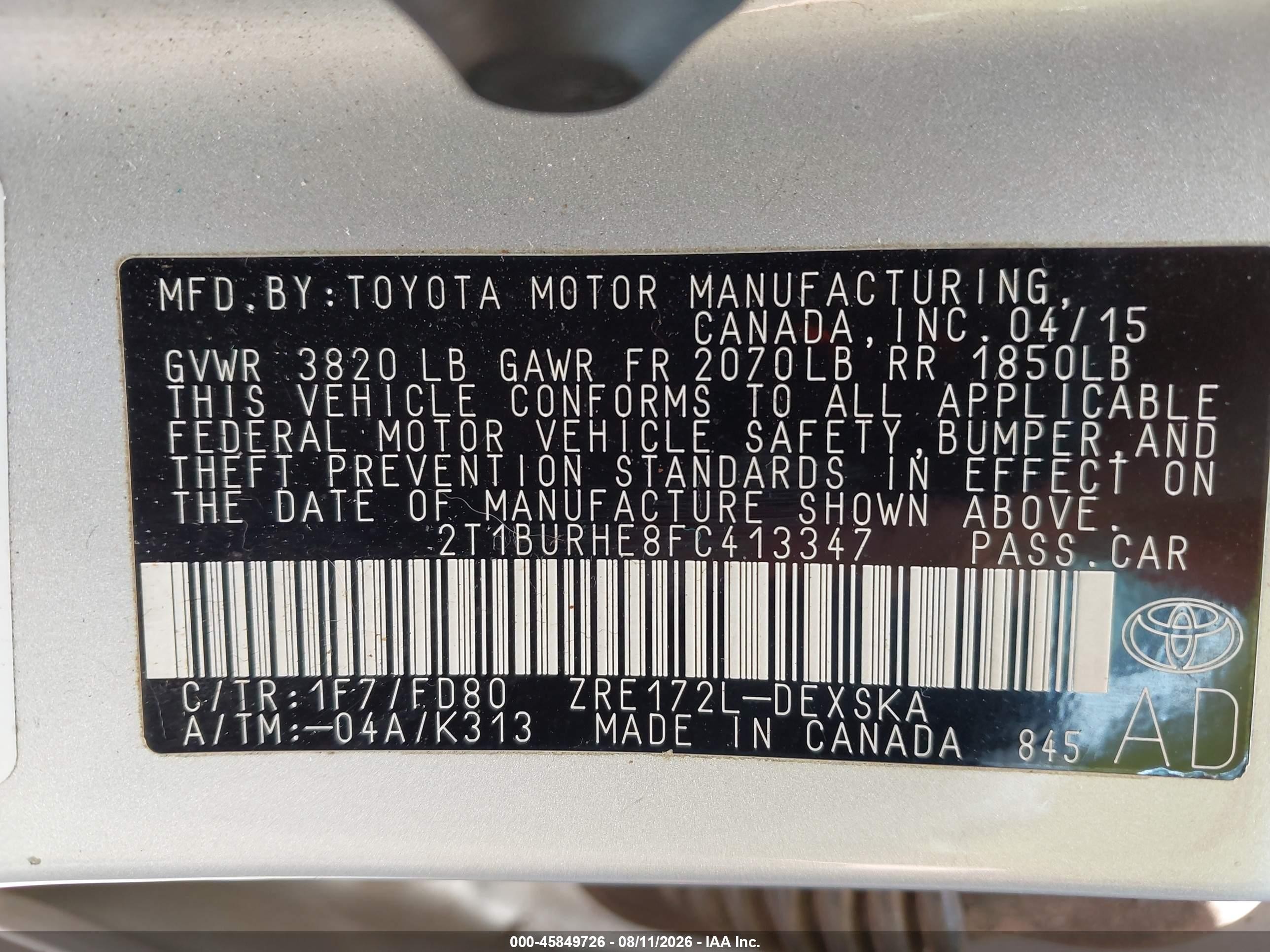 2015 Toyota Corolla S Plus Silver vin: 2T1BURHE8FC413347