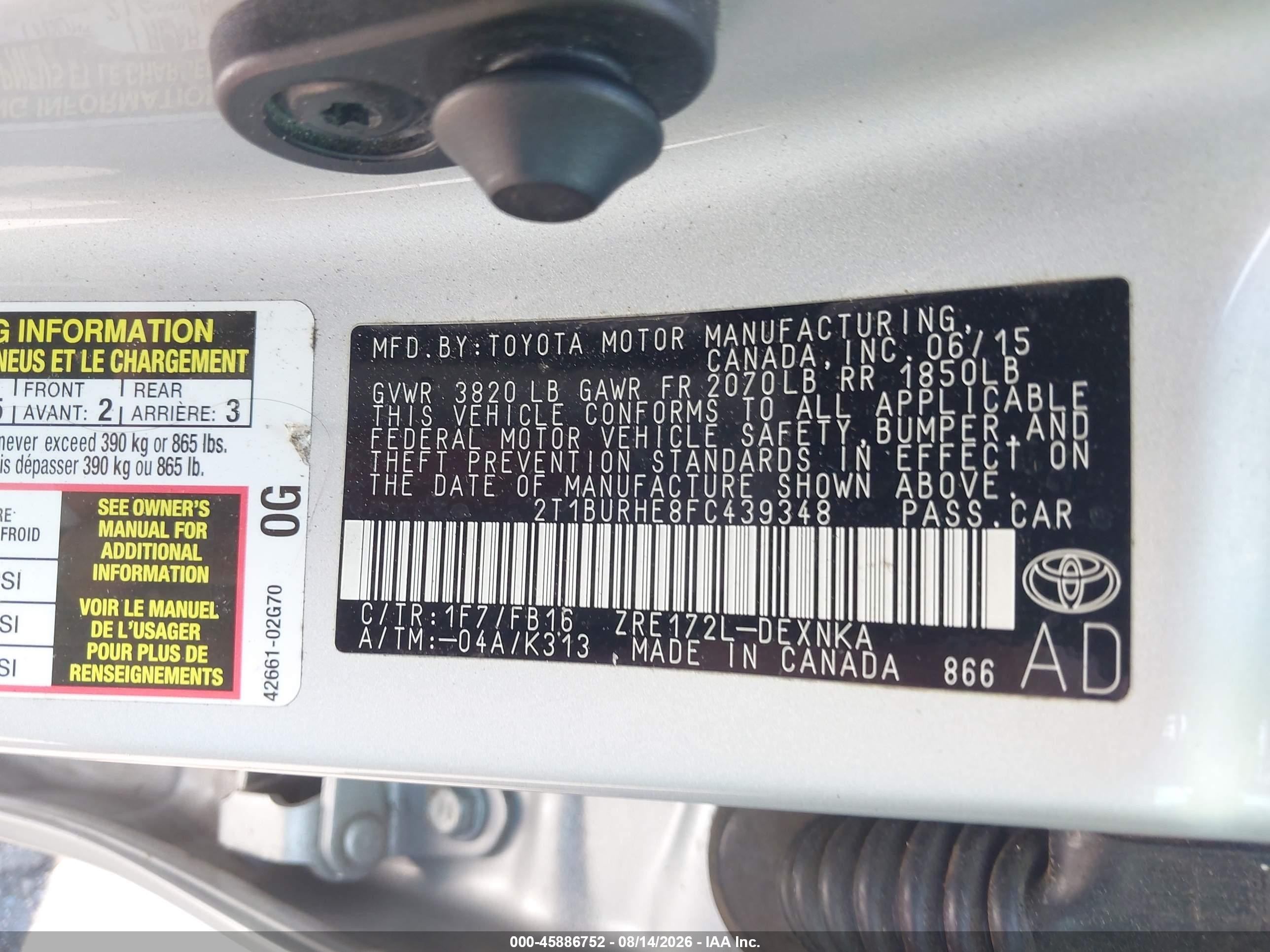 2015 Toyota Corolla Le Silver vin: 2T1BURHE8FC439348