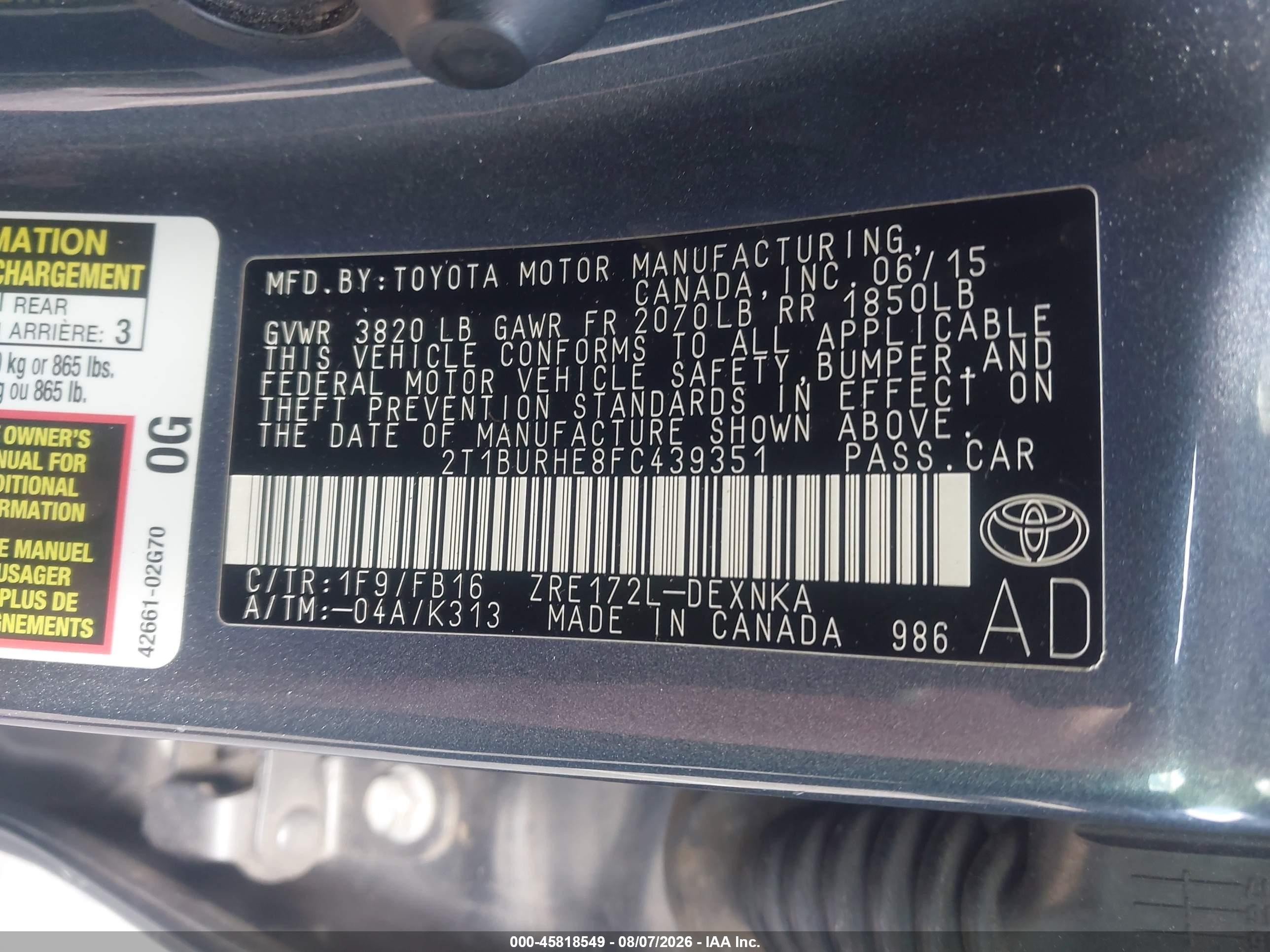 2015 Toyota Corolla Le Gray vin: 2T1BURHE8FC439351