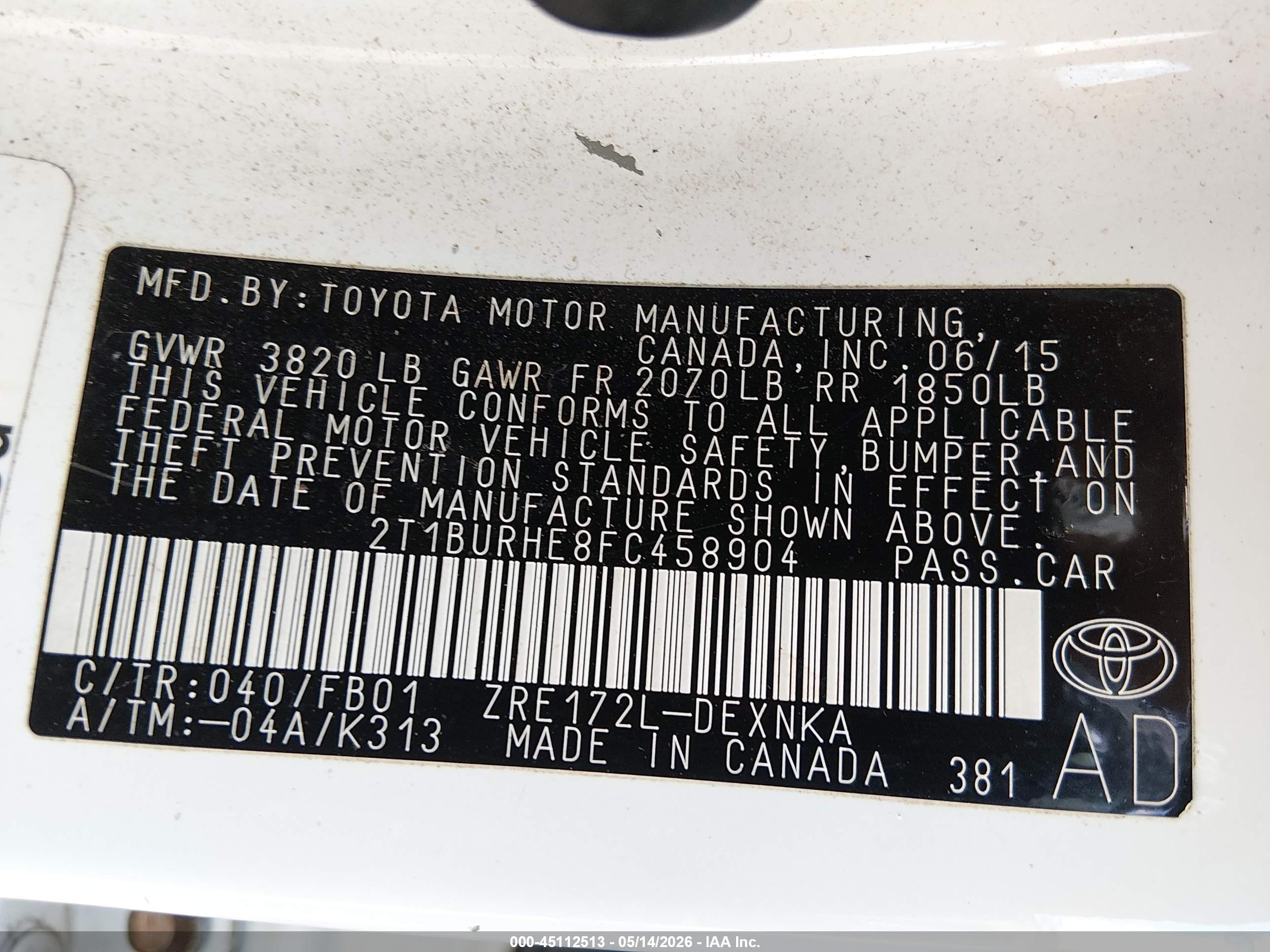 2015 Toyota Corolla Le White vin: 2T1BURHE8FC458904