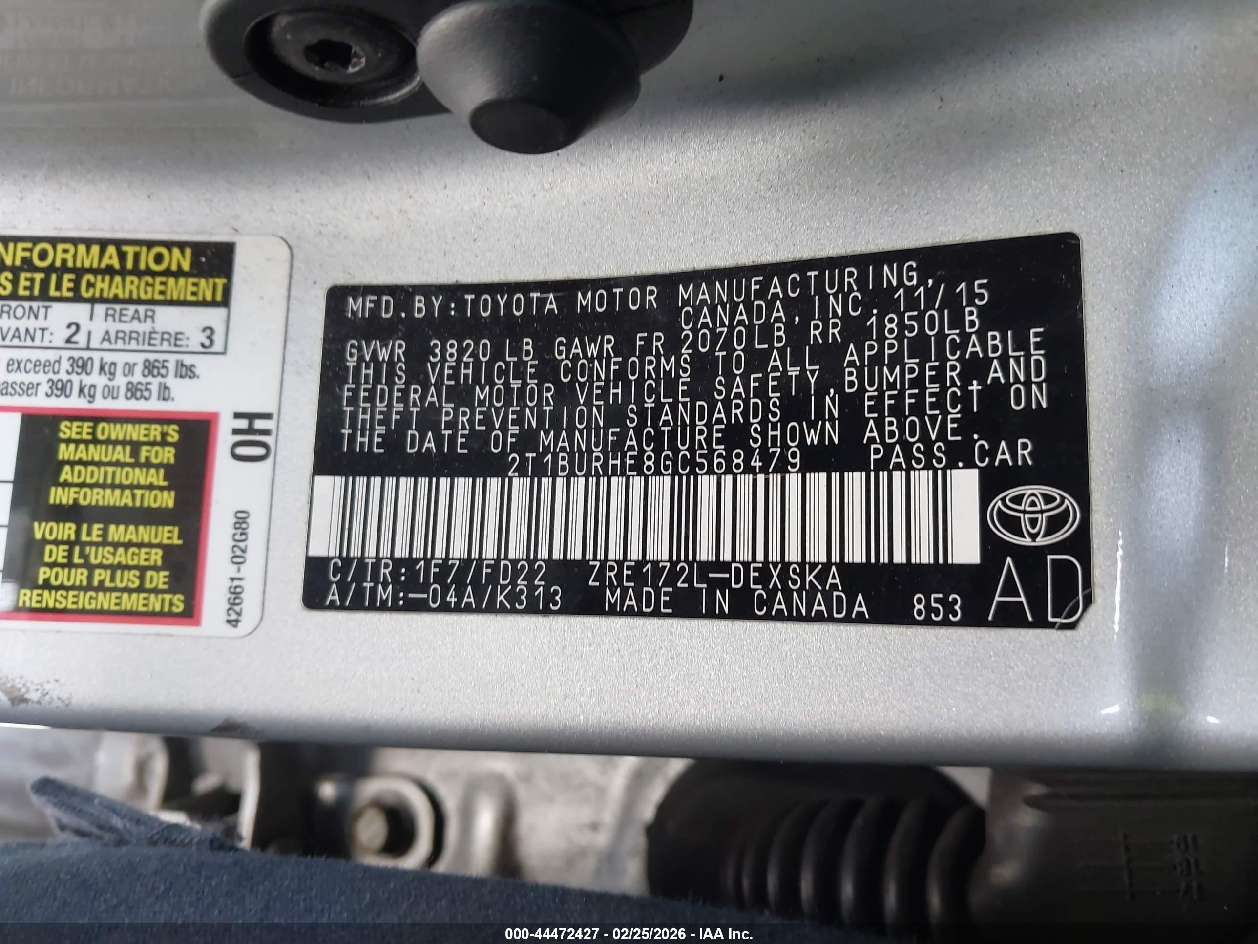 2016 Toyota Corolla S Plus Silver vin: 2T1BURHE8GC568479