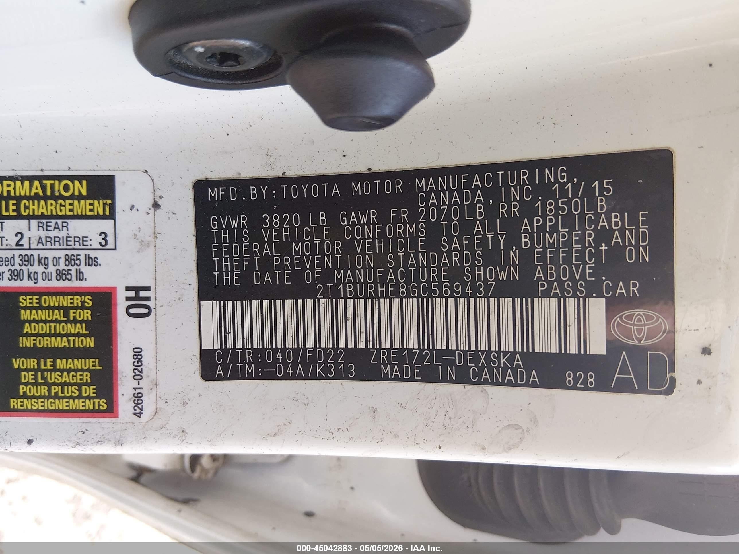 2016 Toyota Corolla S Plus White vin: 2T1BURHE8GC569437