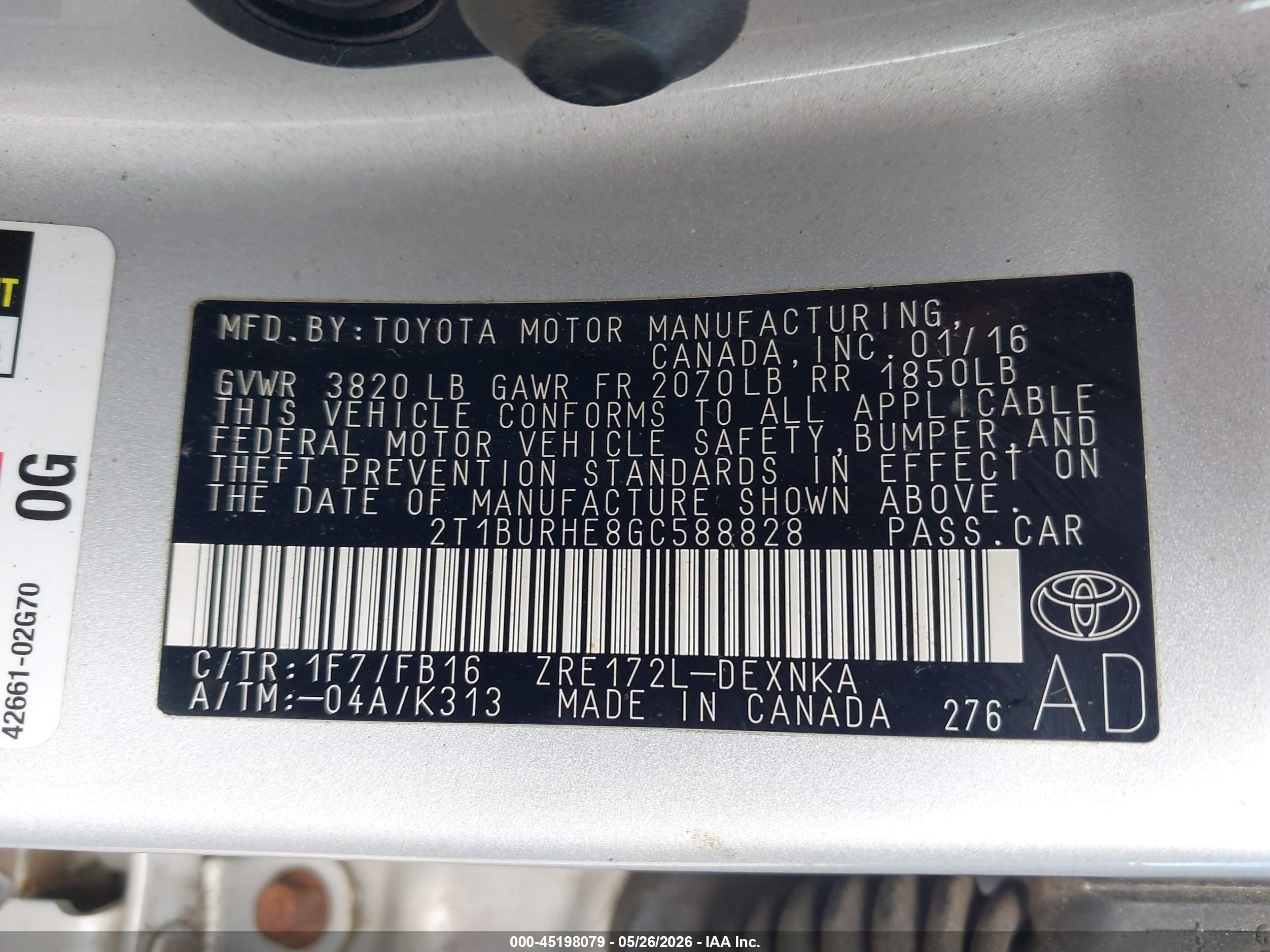 2016 Toyota Corolla Le Silver vin: 2T1BURHE8GC588828