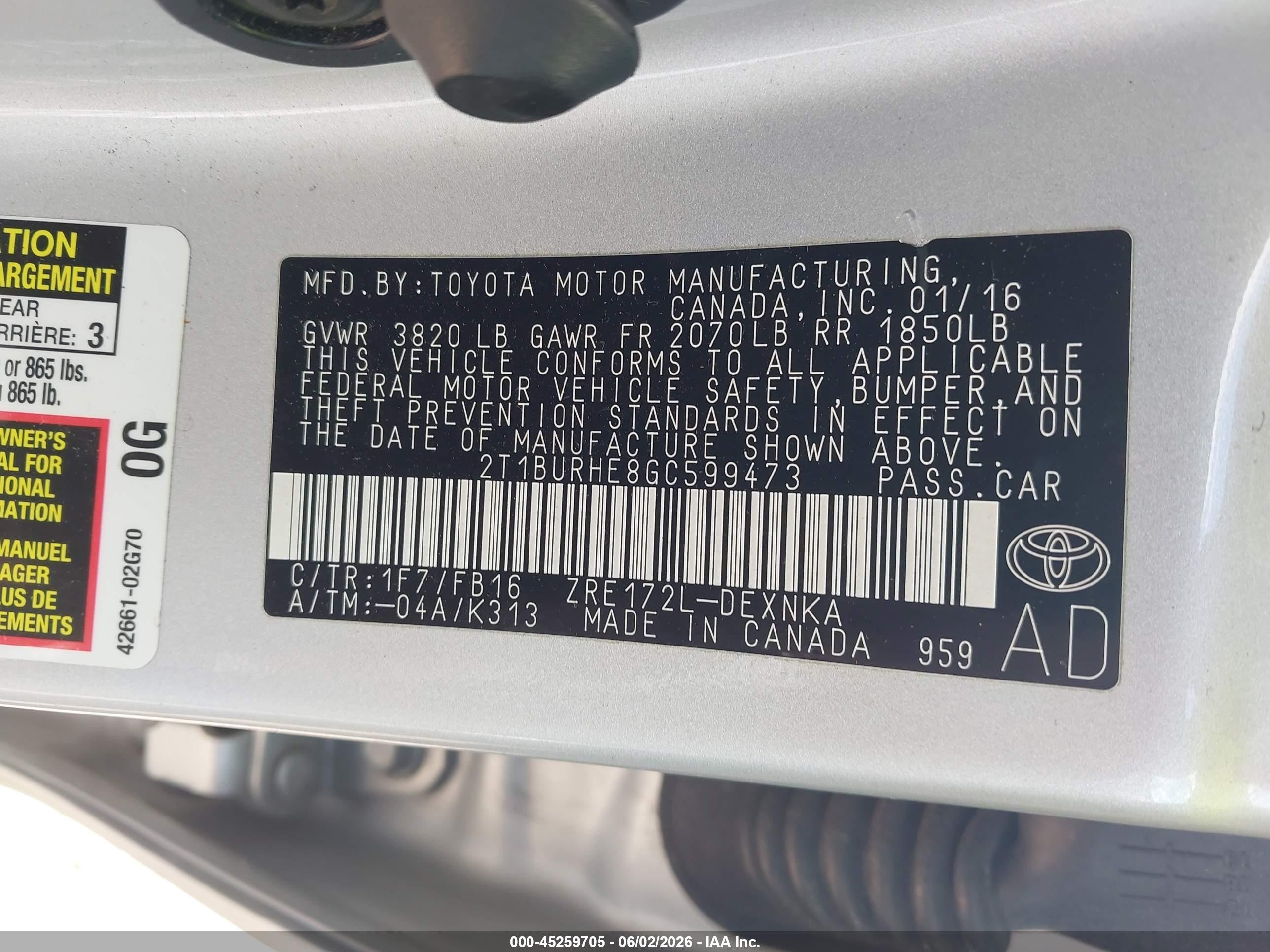 2016 Toyota Corolla Le Silver vin: 2T1BURHE8GC599473