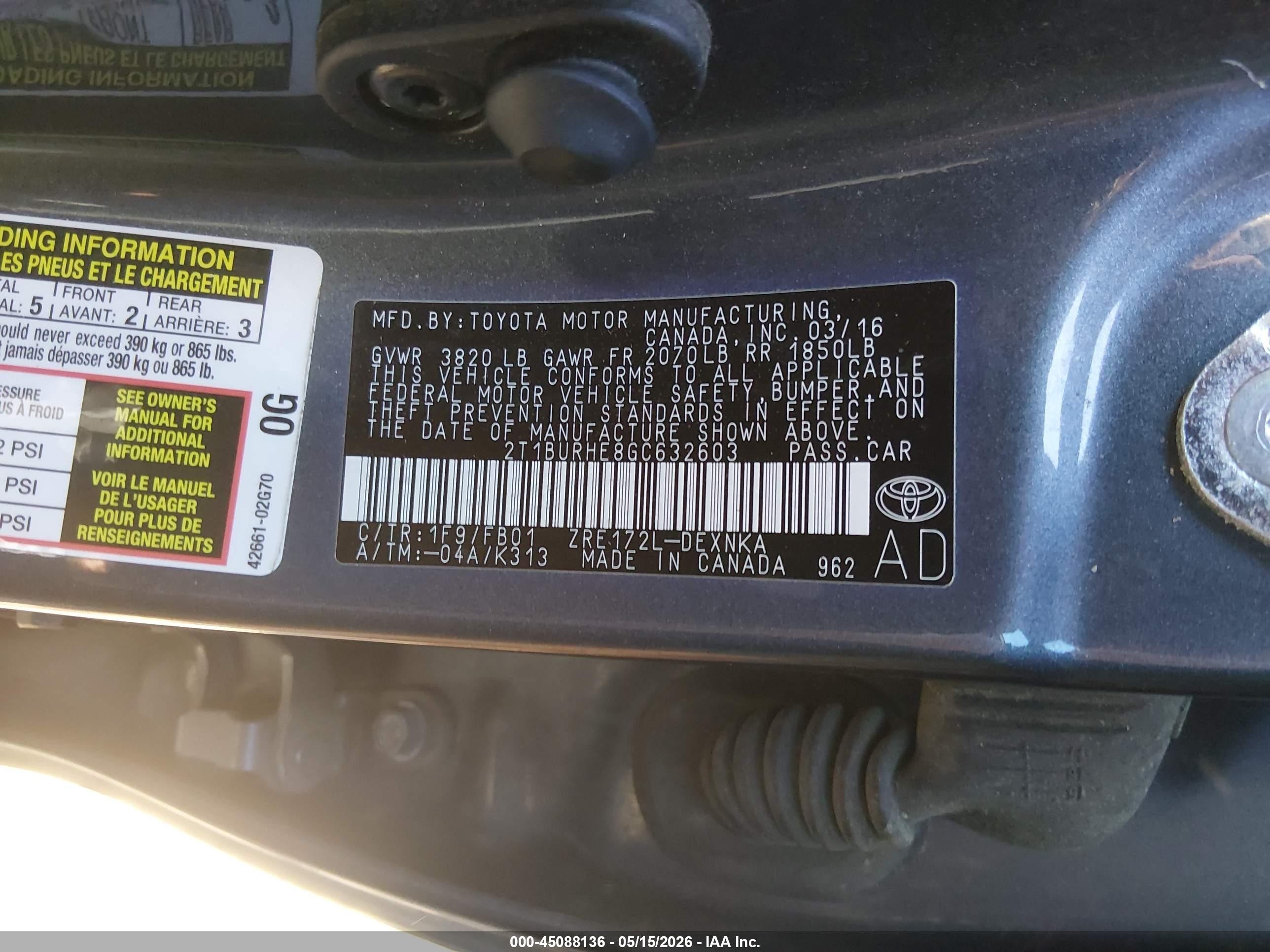2016 Toyota Corolla Le Gray vin: 2T1BURHE8GC632603