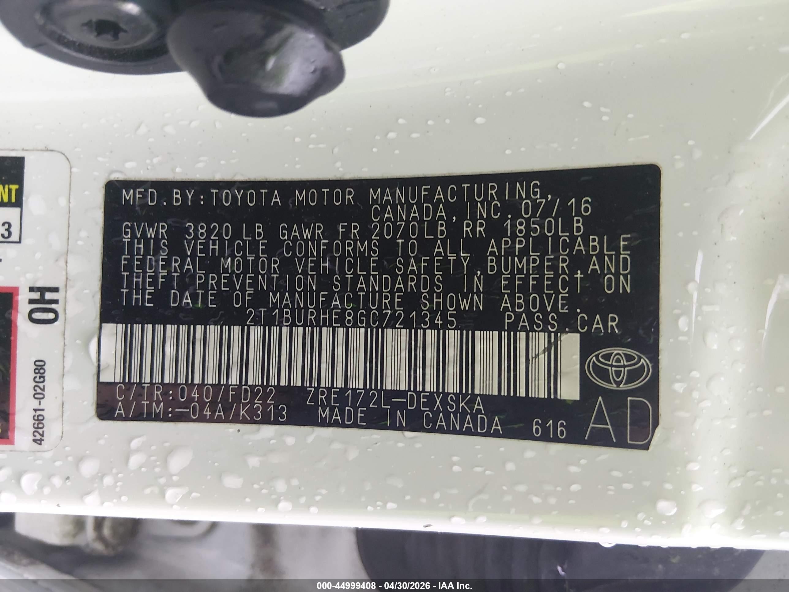 2016 Toyota Corolla S Plus White vin: 2T1BURHE8GC721345