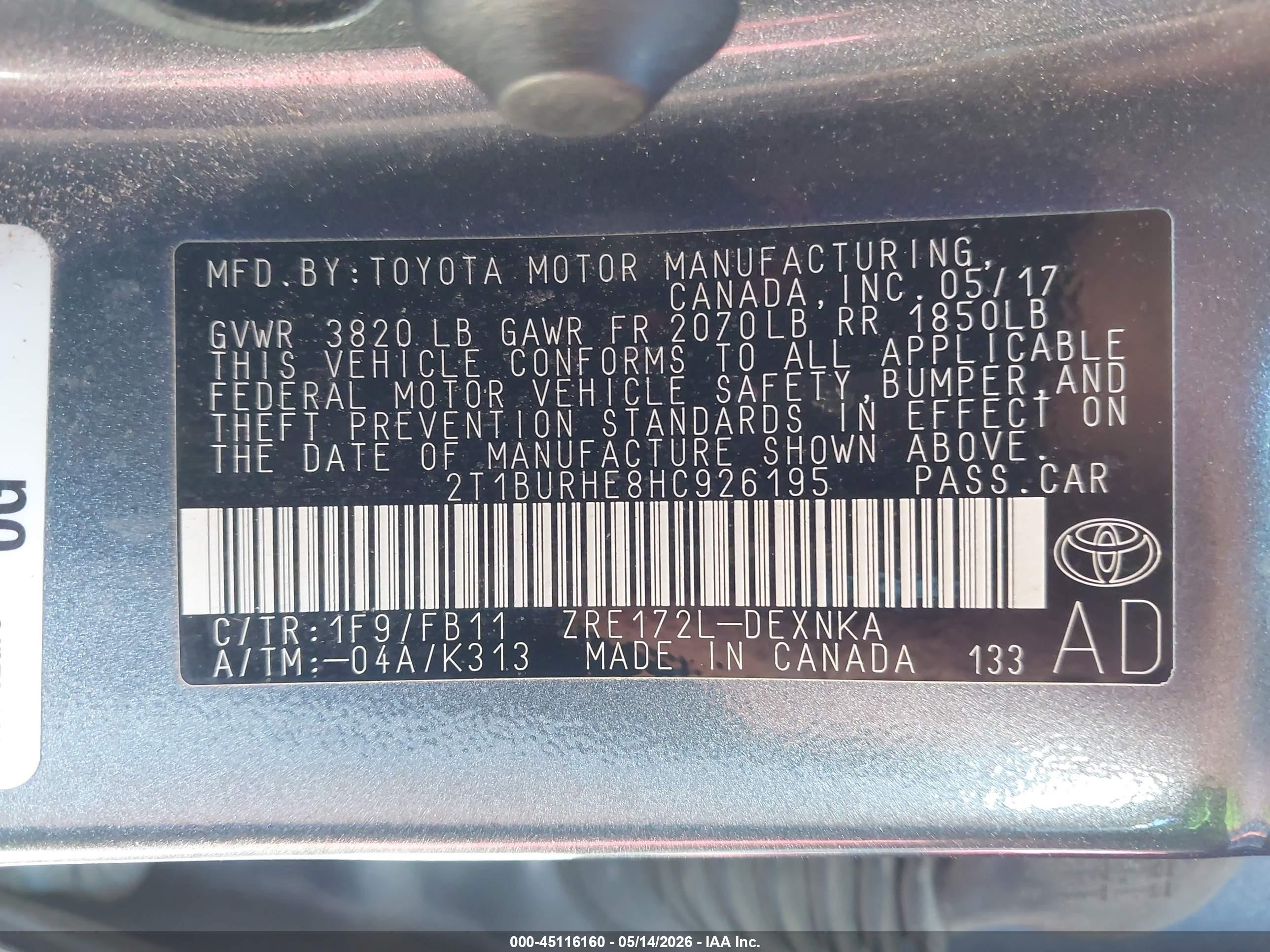 2017 Toyota Corolla Le Серый vin: 2T1BURHE8HC926195