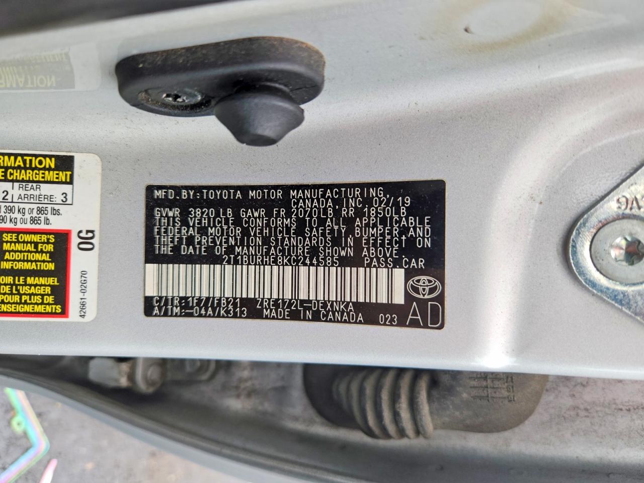 2019 Toyota Corolla Le Silver vin: 2T1BURHE8KC244585