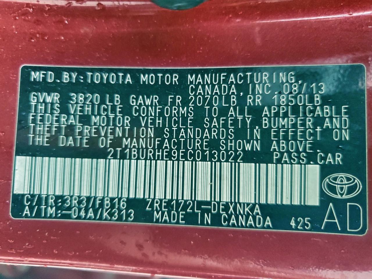 2014 Toyota Corolla Le Red vin: 2T1BURHE9EC013022