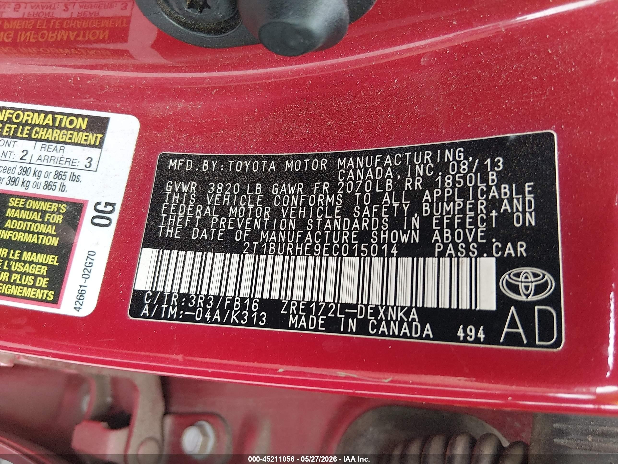 2014 Toyota Corolla Le Red vin: 2T1BURHE9EC015014