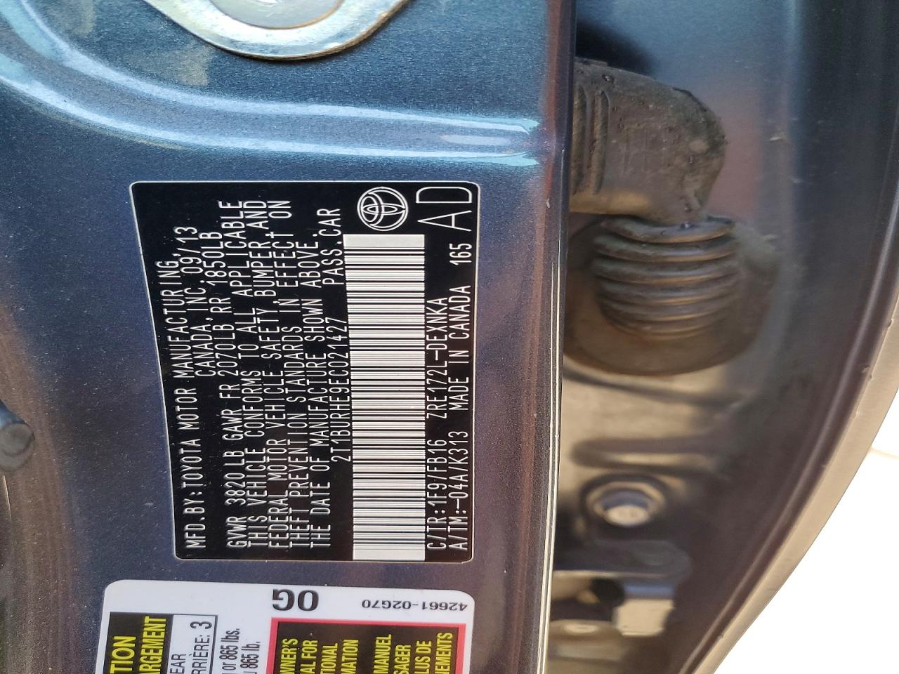 2014 Toyota Corolla Le Charcoal vin: 2T1BURHE9EC021427