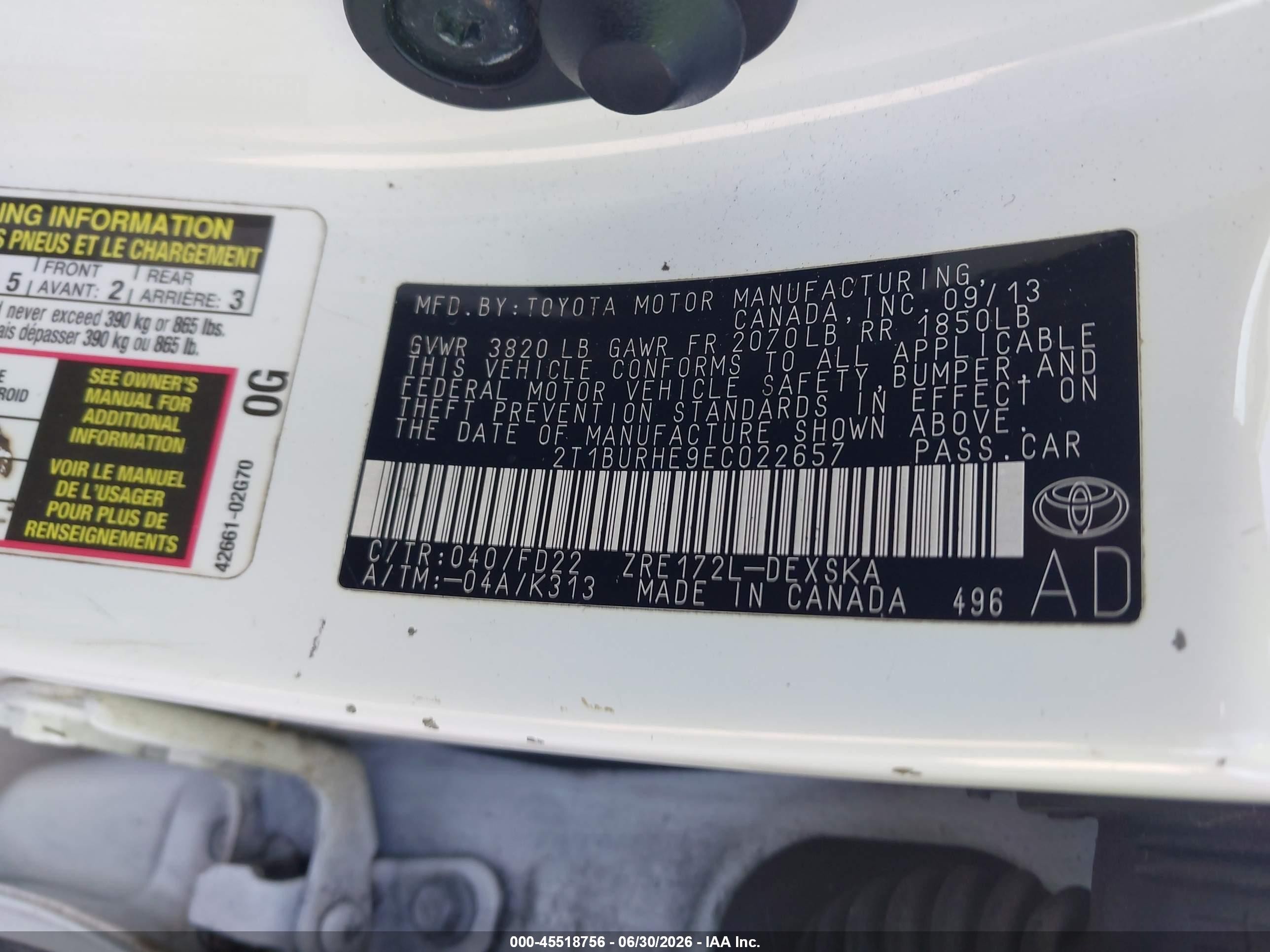 2014 Toyota Corolla S White vin: 2T1BURHE9EC022657