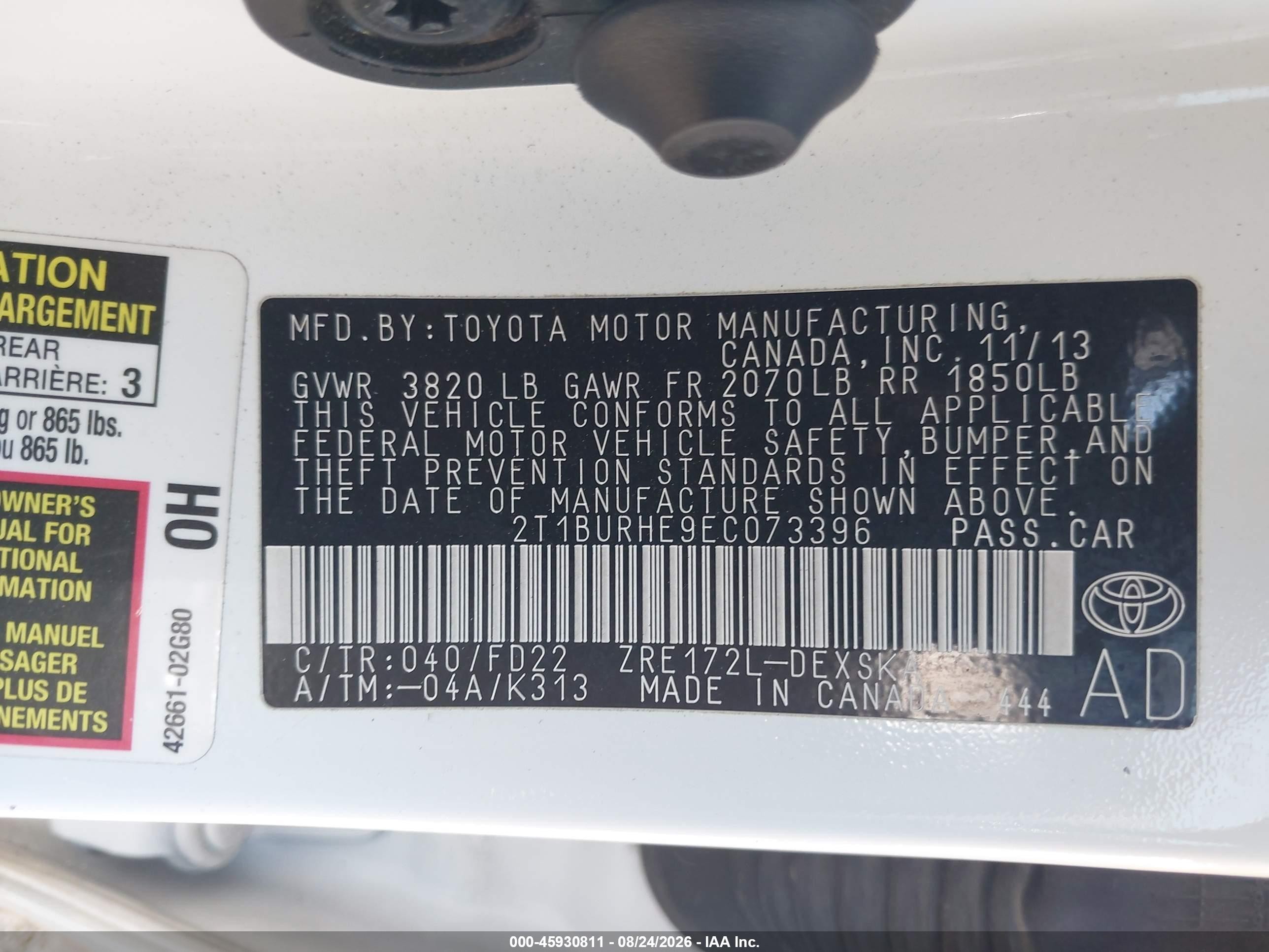 2014 Toyota Corolla S Plus Белый vin: 2T1BURHE9EC073396