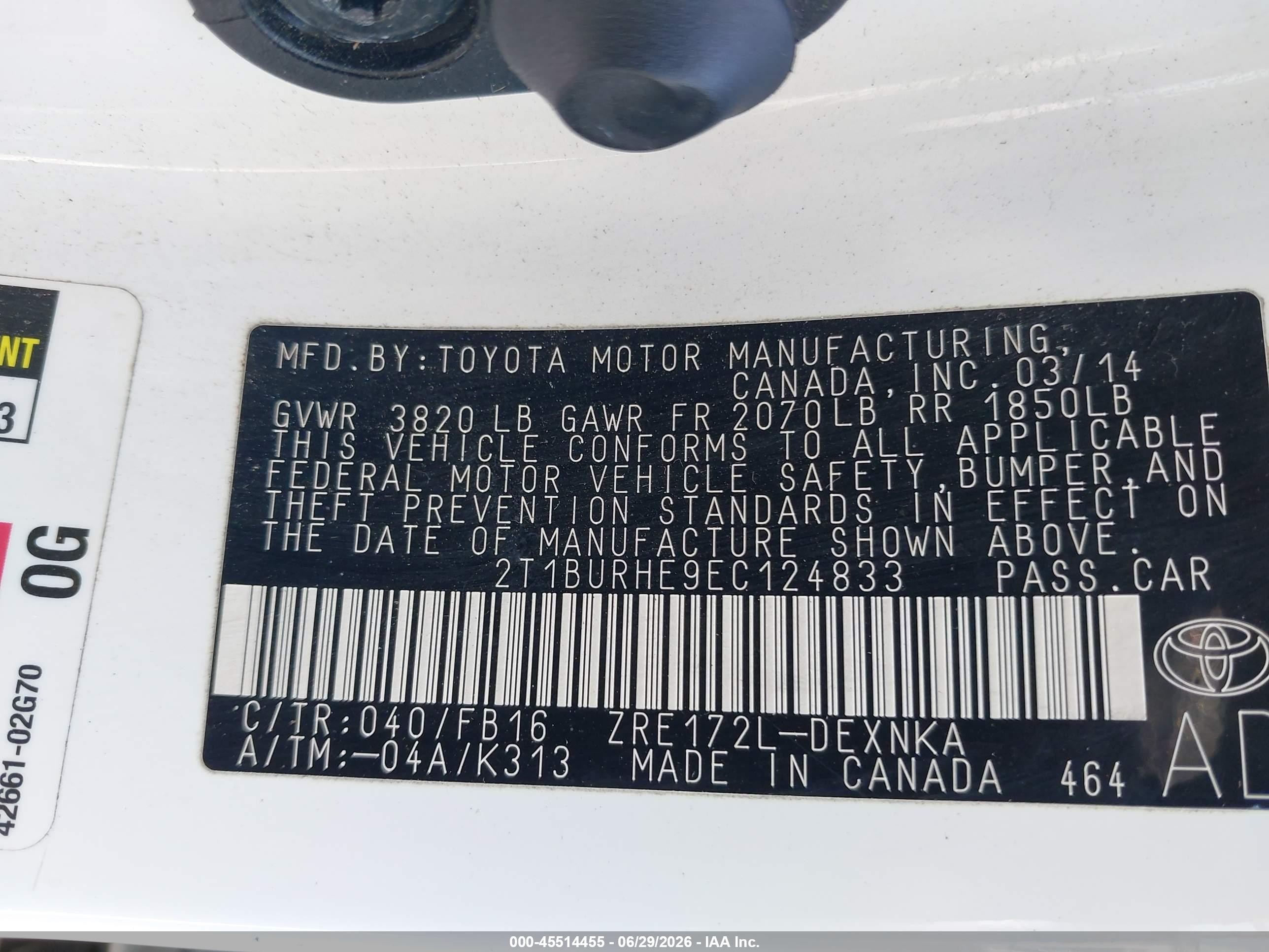 2014 Toyota Corolla Le White vin: 2T1BURHE9EC124833