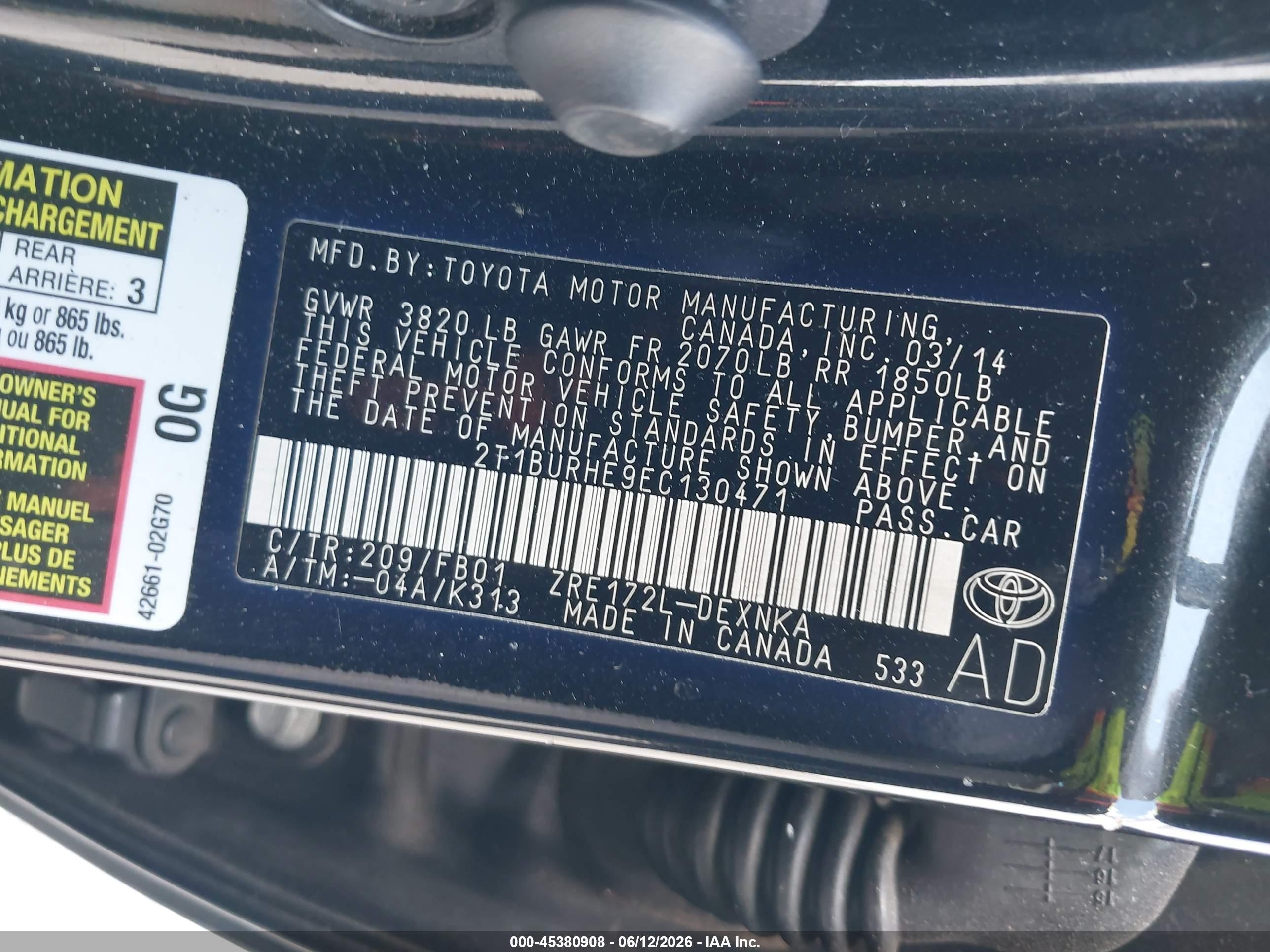 2014 Toyota Corolla Le Black vin: 2T1BURHE9EC130471