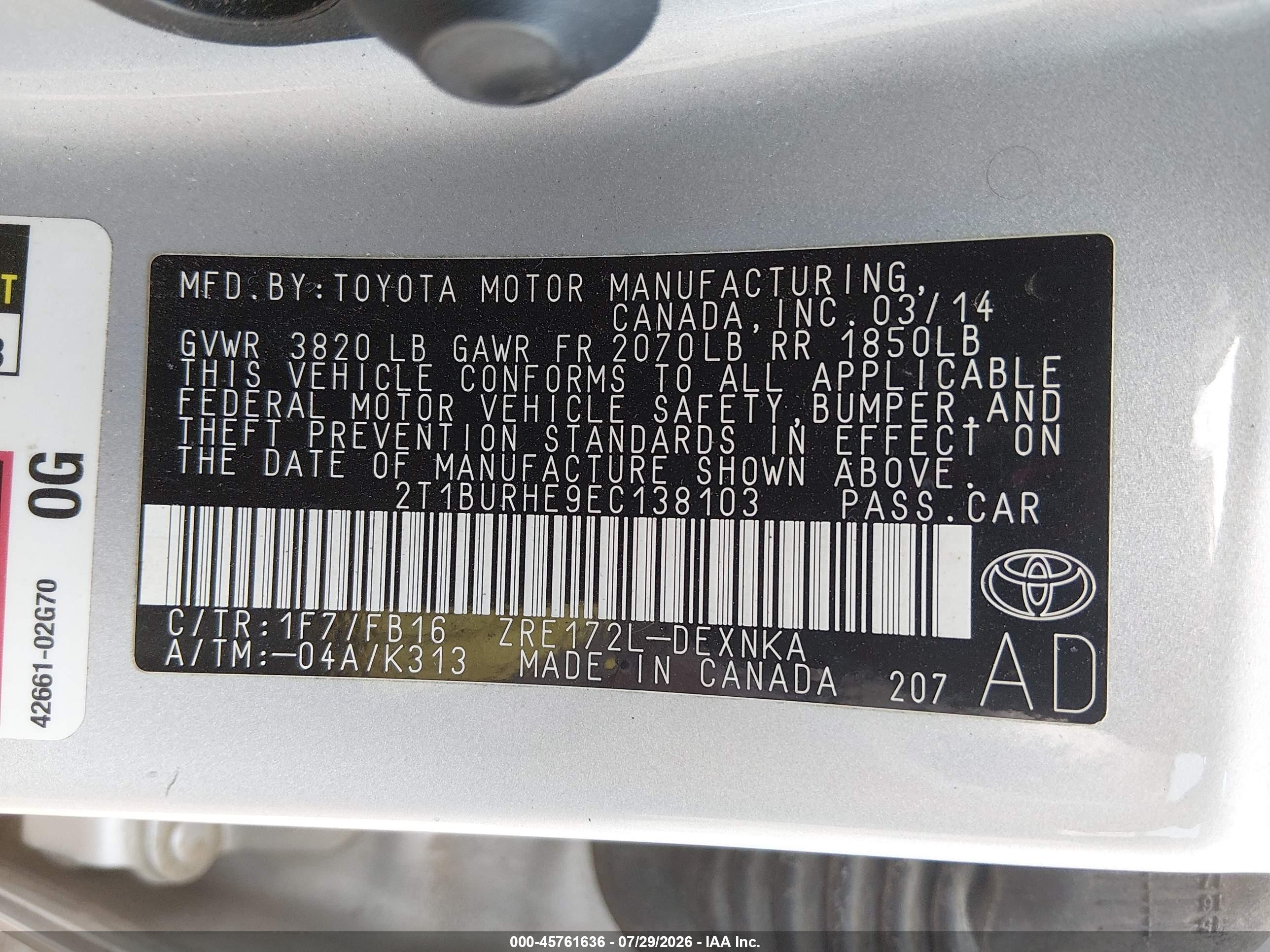 2014 Toyota Corolla Le Silver vin: 2T1BURHE9EC138103
