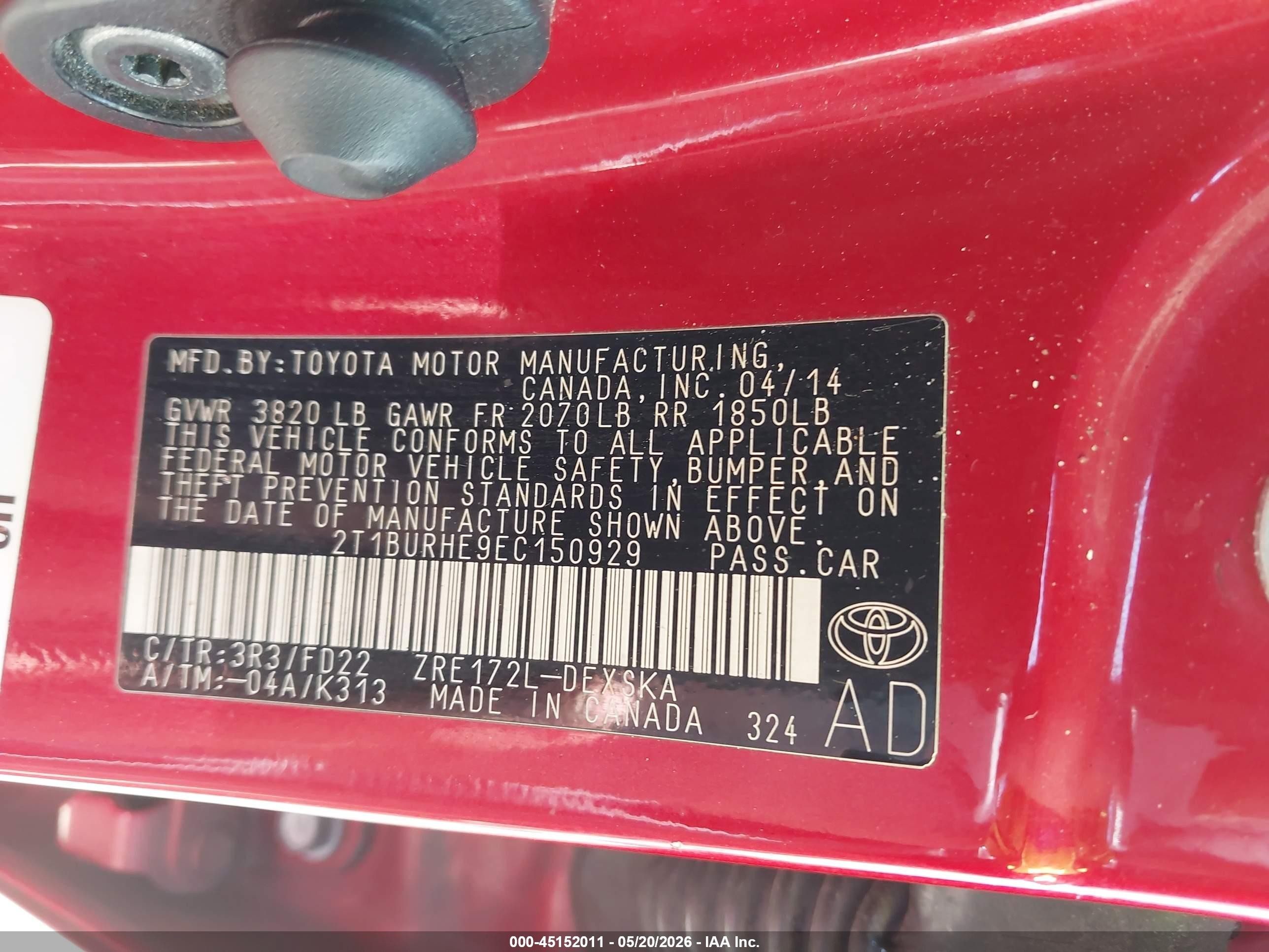 2014 Toyota Corolla S Plus Красный vin: 2T1BURHE9EC150929