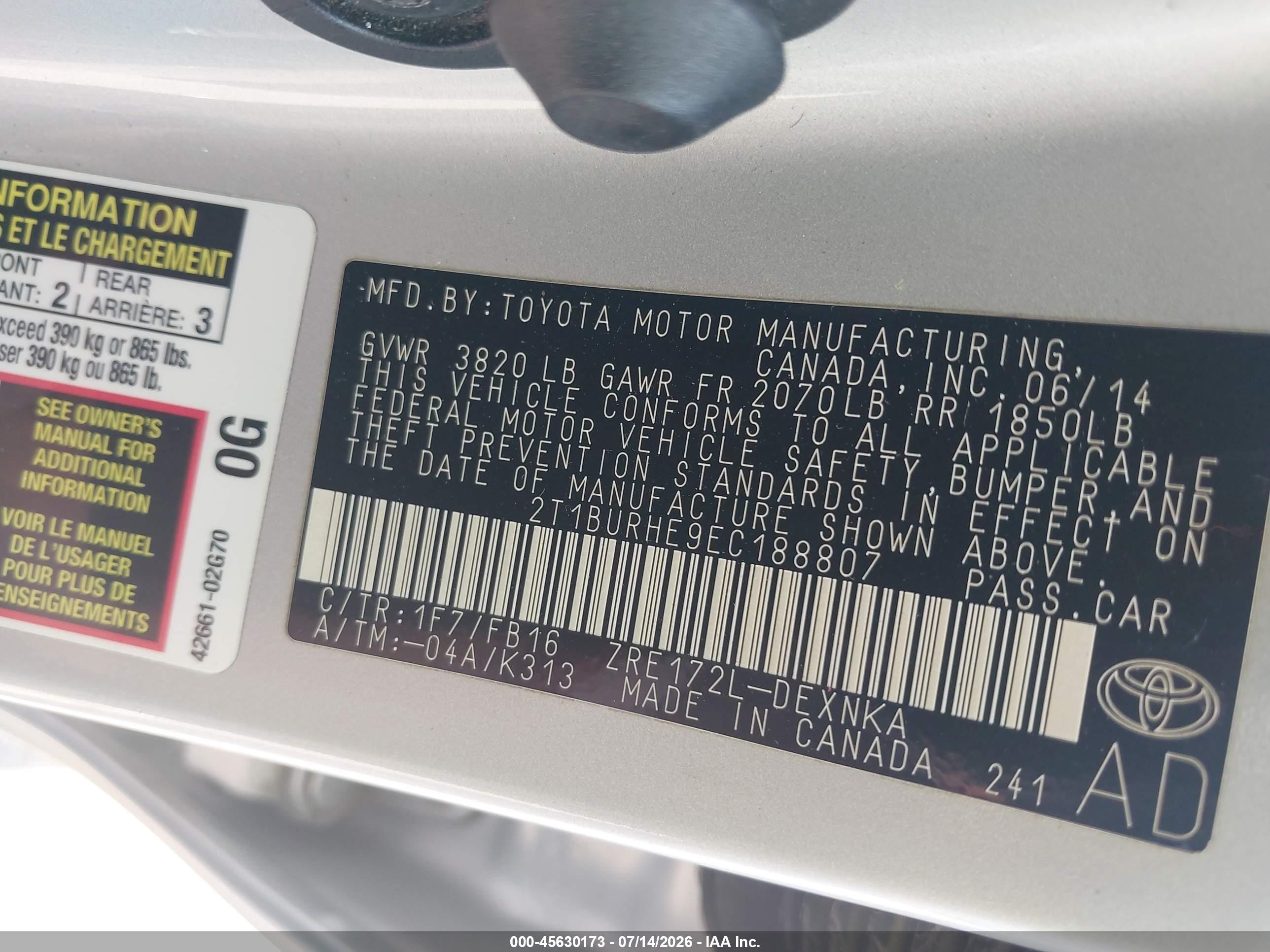2014 Toyota Corolla Le Silver vin: 2T1BURHE9EC188807
