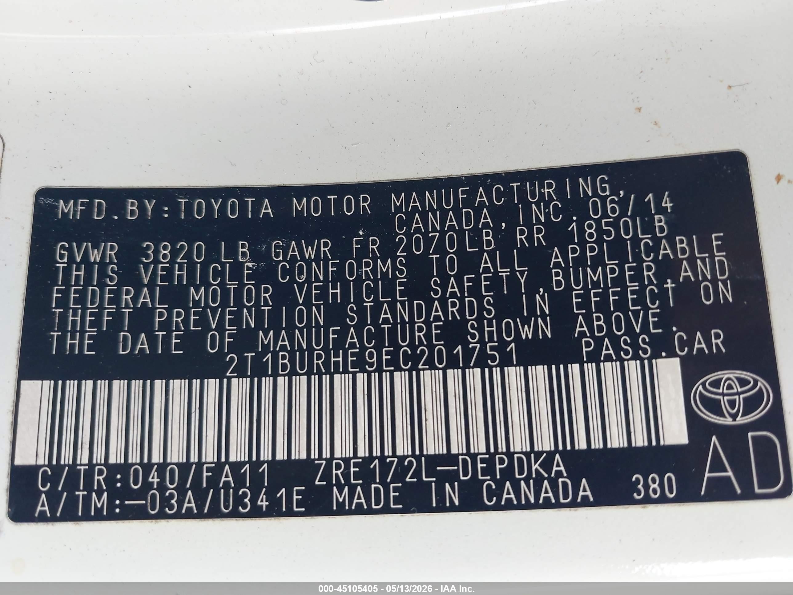 2014 Toyota Corolla L Белый vin: 2T1BURHE9EC201751