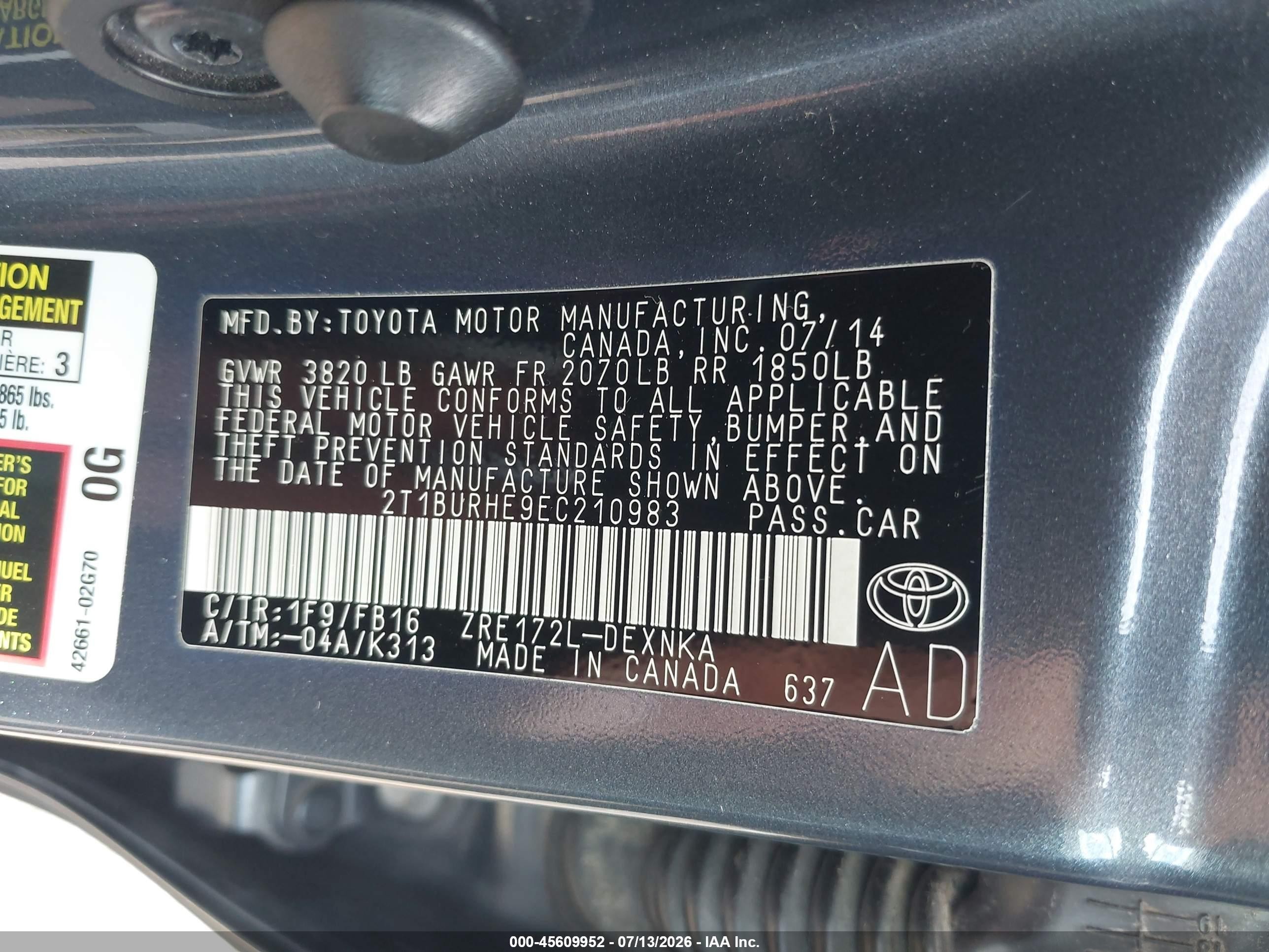 2014 Toyota Corolla Le Gray vin: 2T1BURHE9EC210983