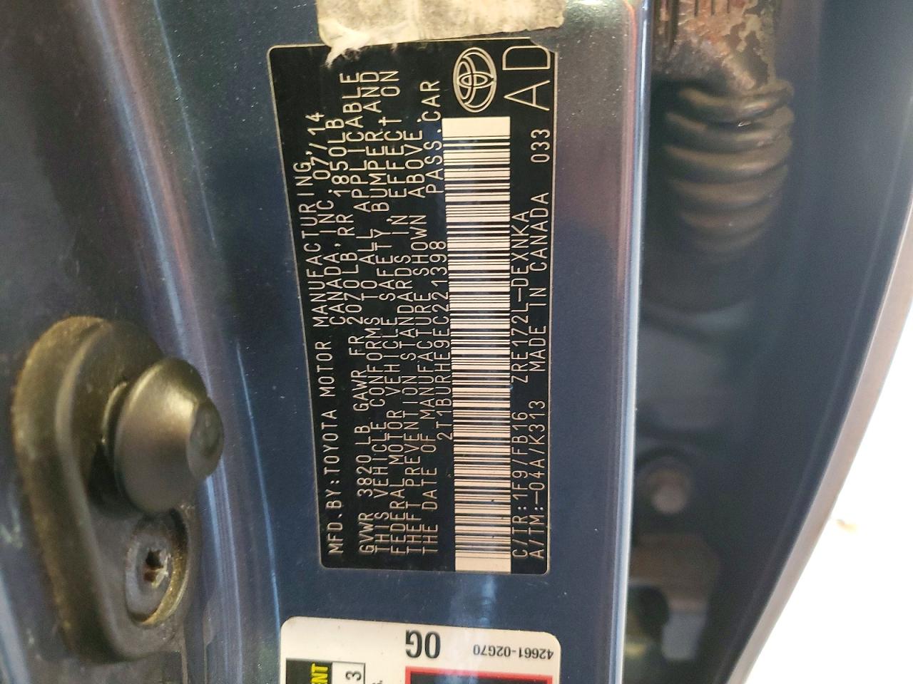 2014 Toyota Corolla Le Charcoal vin: 2T1BURHE9EC221398