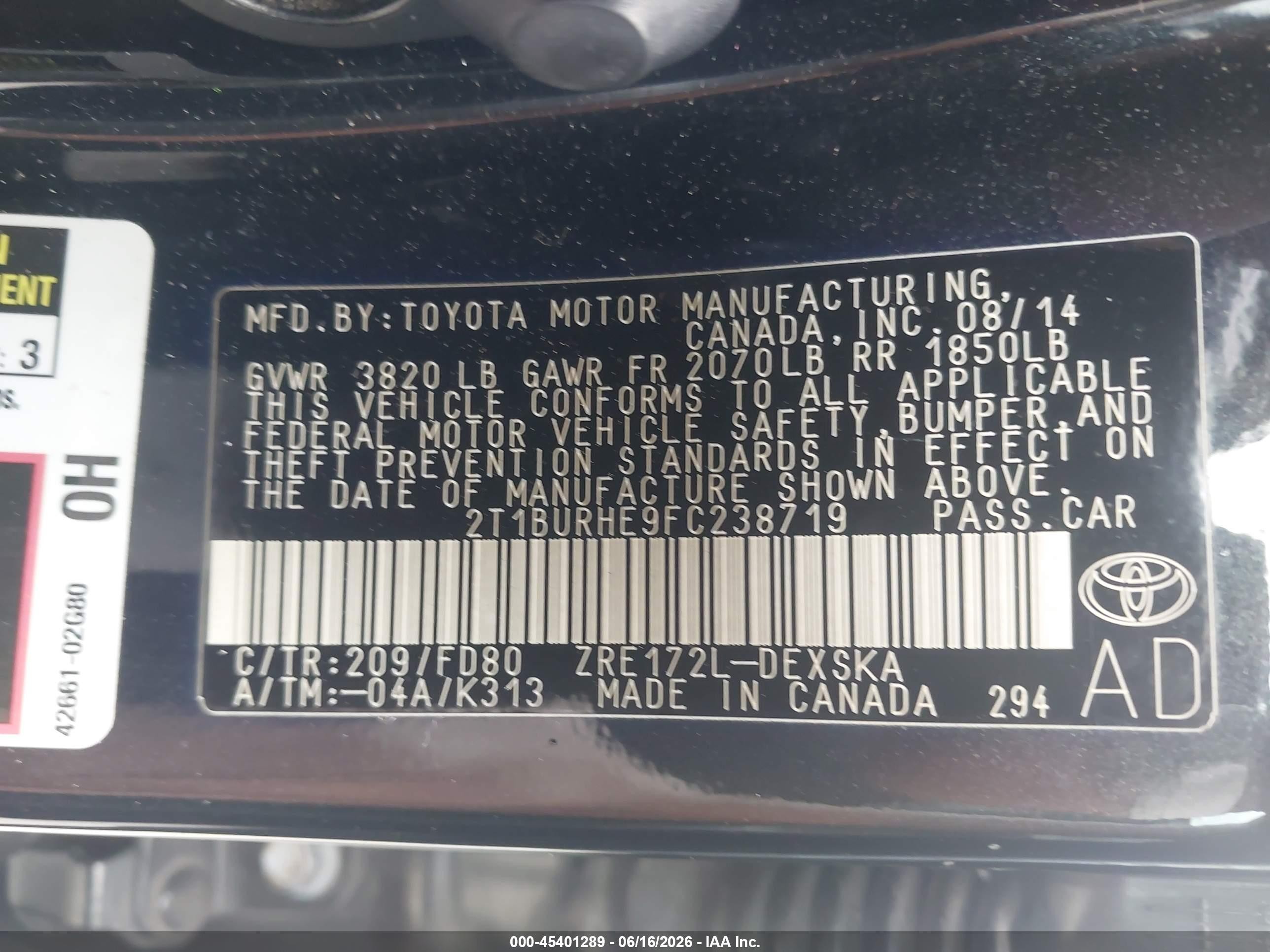 2015 Toyota Corolla S Plus Black vin: 2T1BURHE9FC238719