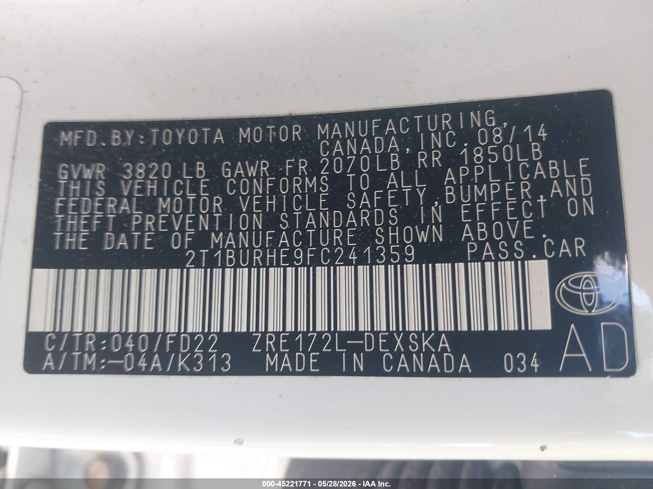 2015 Toyota Corolla S Plus White vin: 2T1BURHE9FC241359