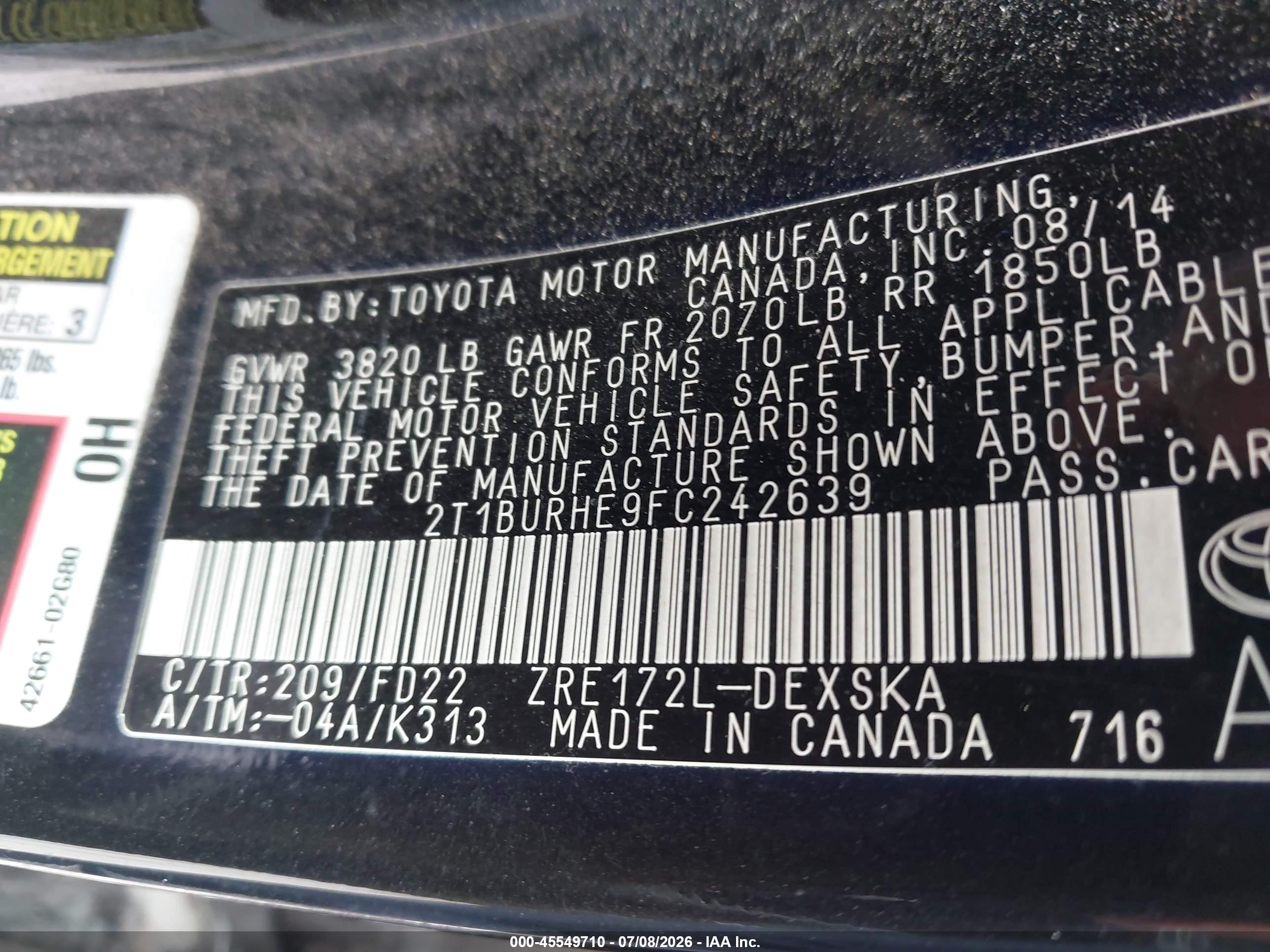 2015 Toyota Corolla S Plus Black vin: 2T1BURHE9FC242639
