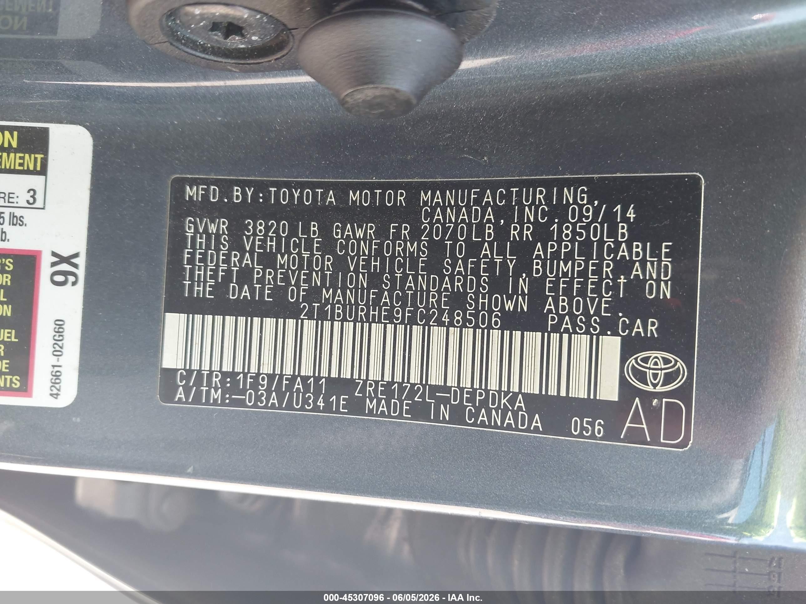 2015 Toyota Corolla L Gray vin: 2T1BURHE9FC248506