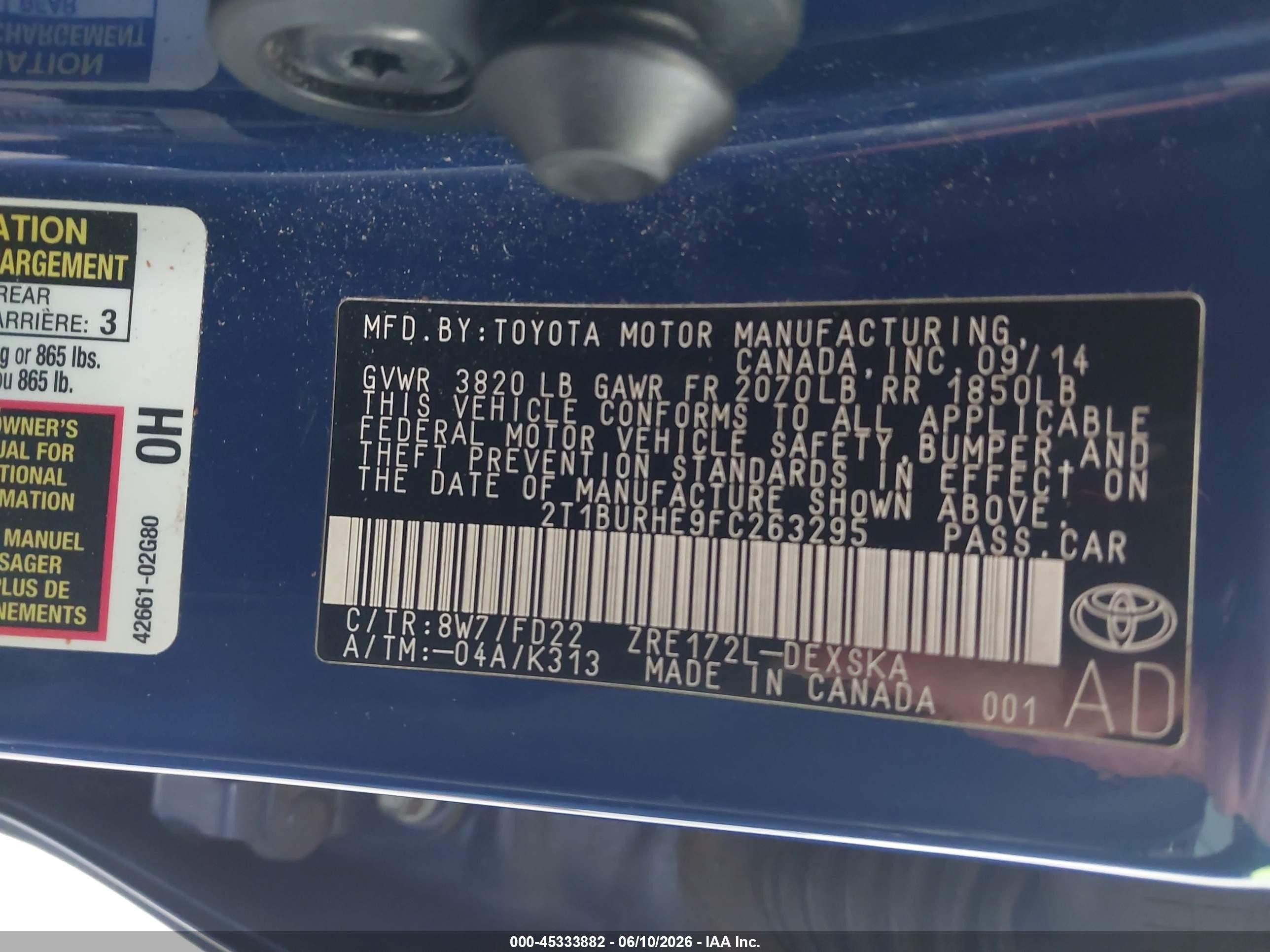 2015 Toyota Corolla S Plus Blue vin: 2T1BURHE9FC263295