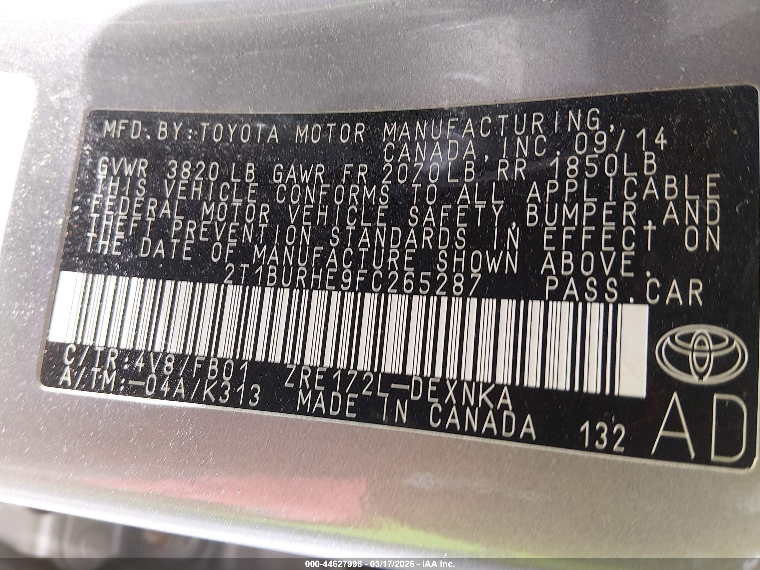 2015 Toyota Corolla Le Серый vin: 2T1BURHE9FC265287