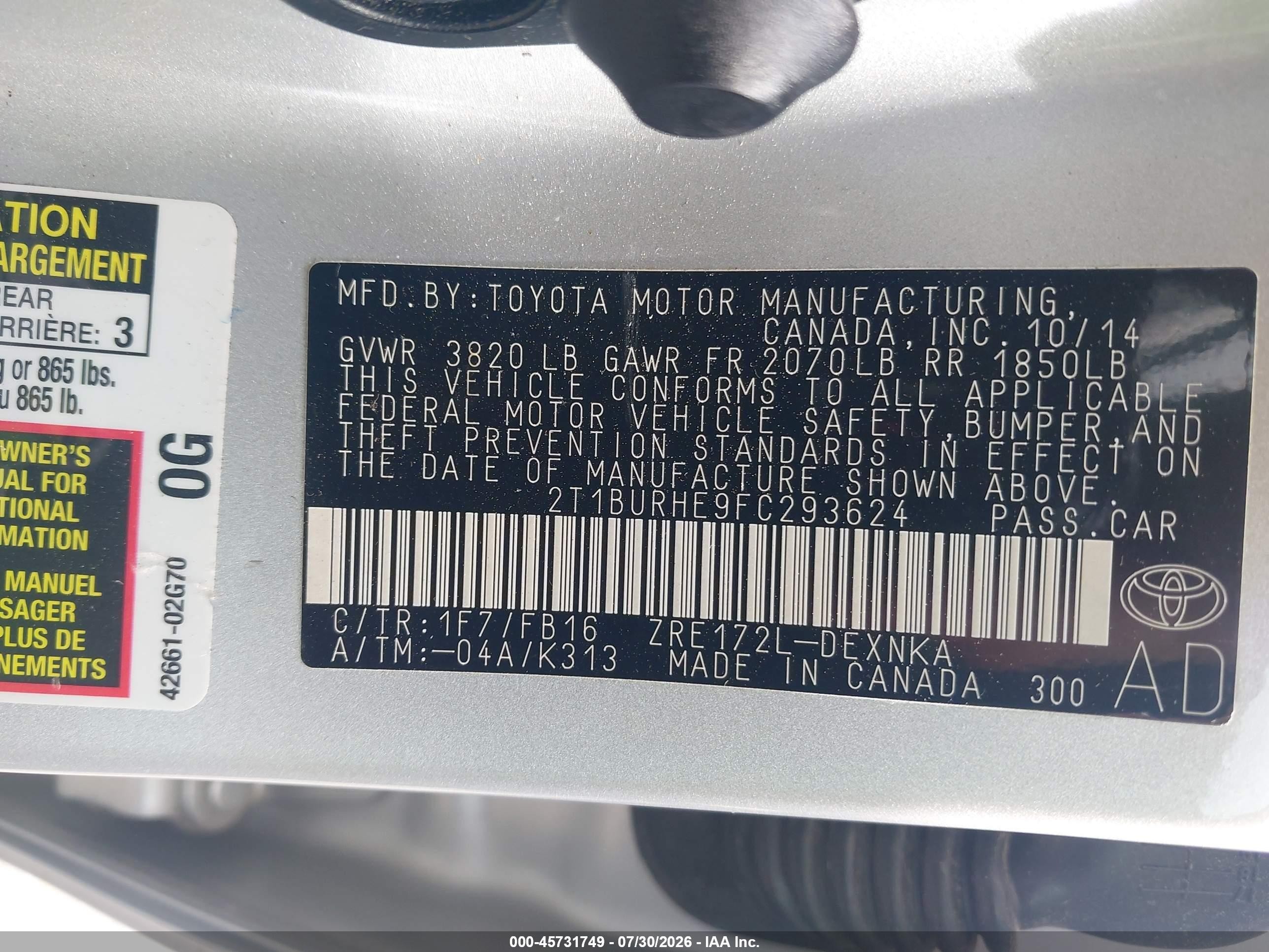 2015 Toyota Corolla Le Серебряный vin: 2T1BURHE9FC293624