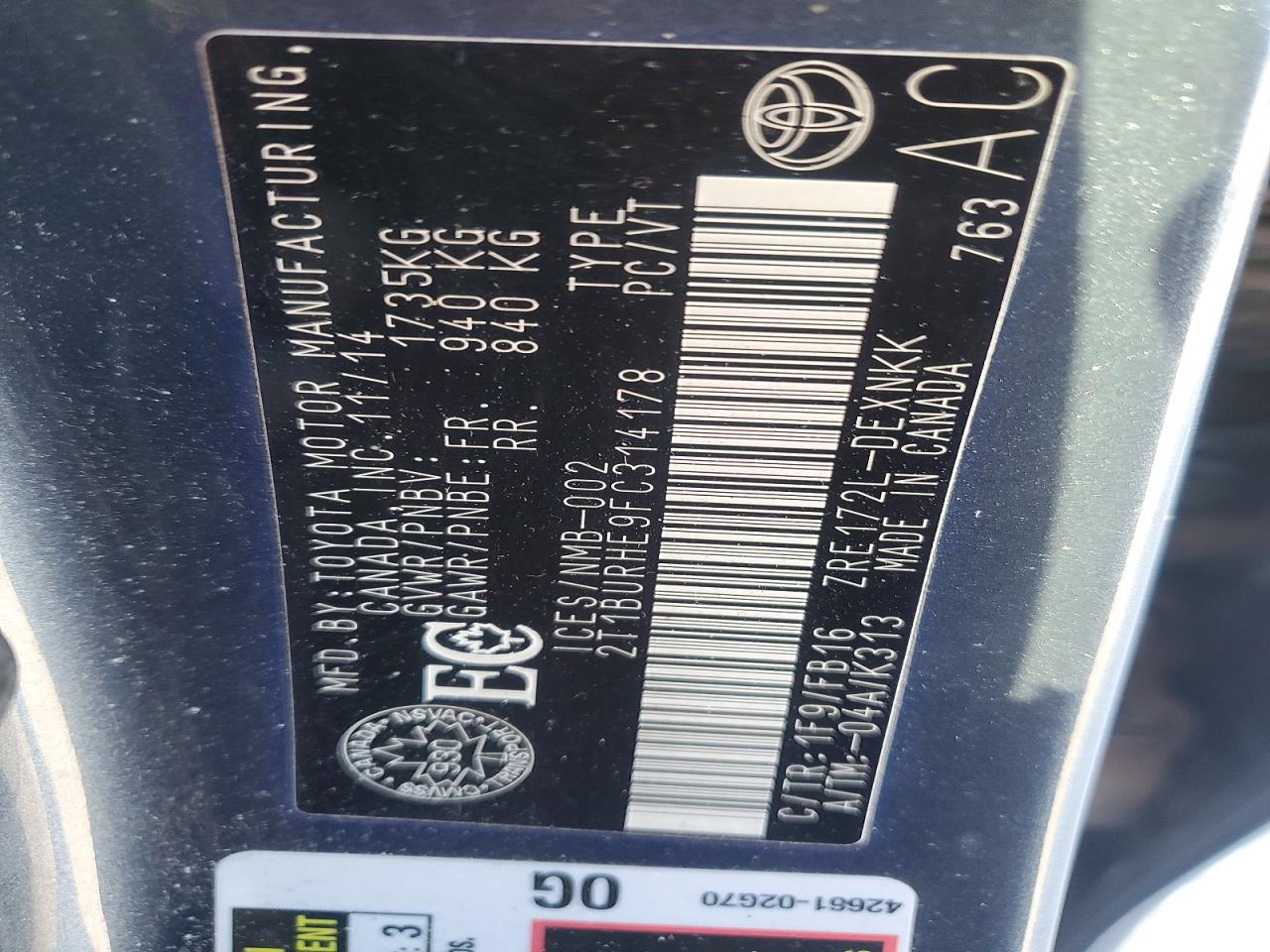 2015 Toyota Corolla L Charcoal vin: 2T1BURHE9FC314178