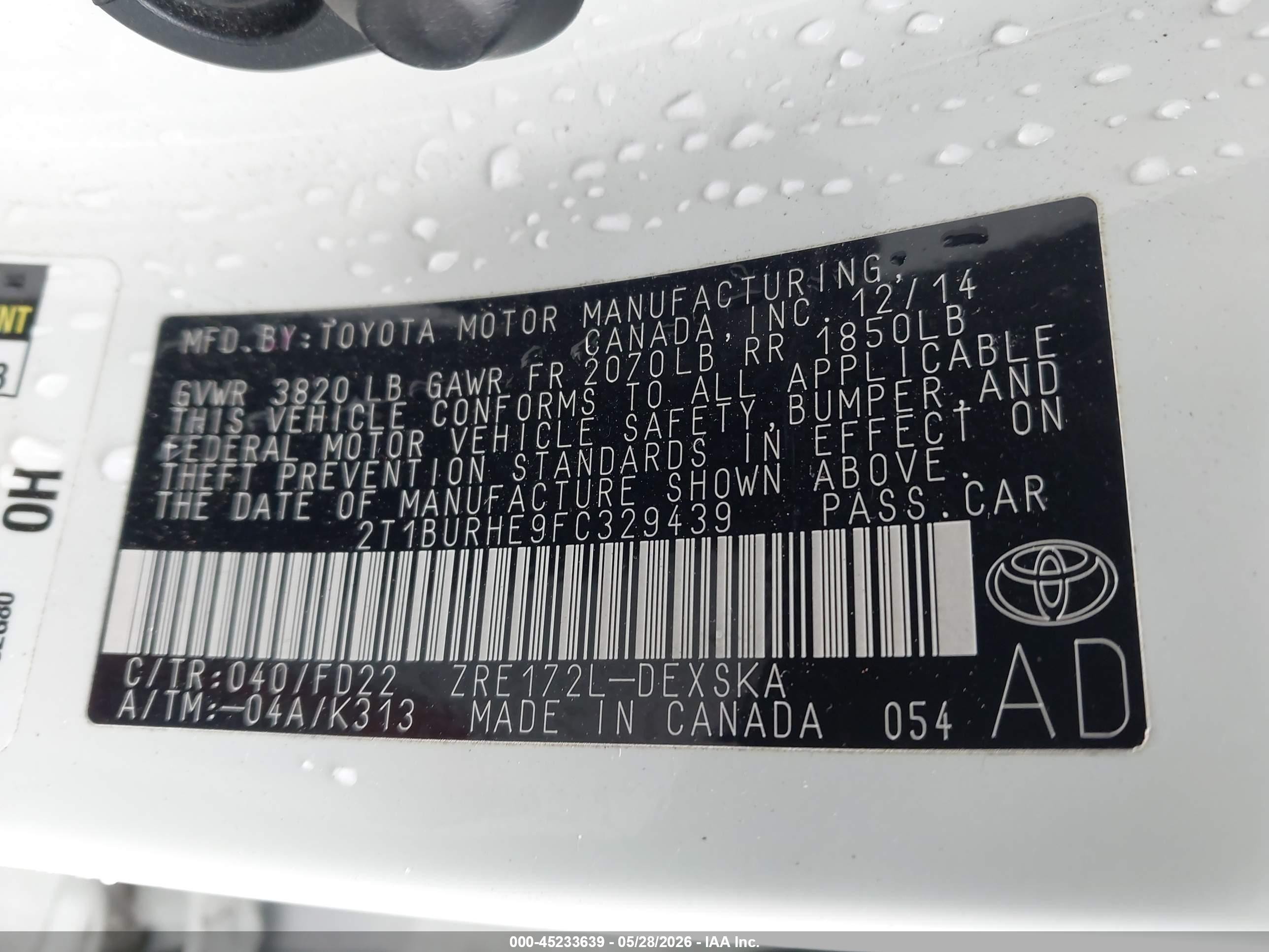 2015 Toyota Corolla S Plus Белый vin: 2T1BURHE9FC329439