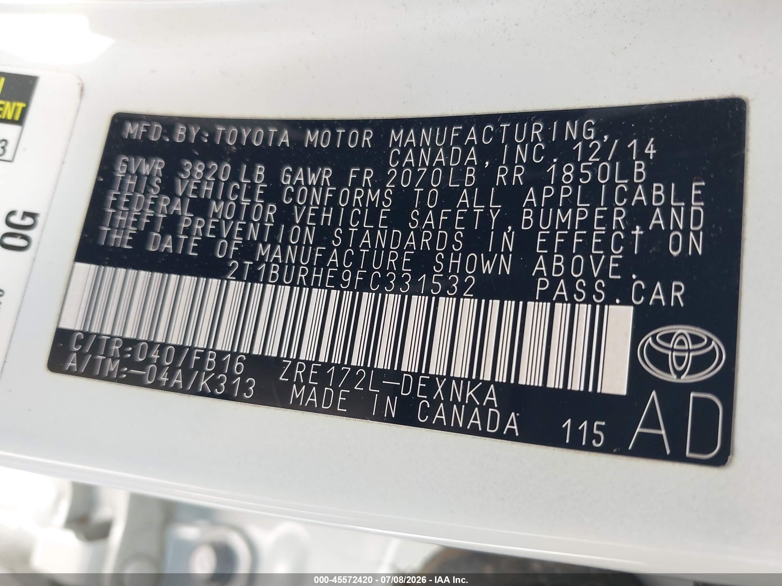 2015 Toyota Corolla Le Белый vin: 2T1BURHE9FC331532