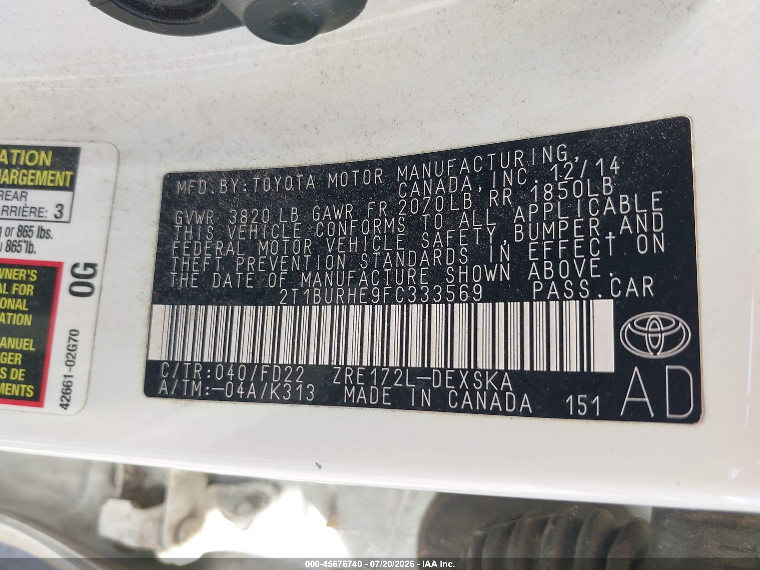 2015 Toyota Corolla S Белый vin: 2T1BURHE9FC333569