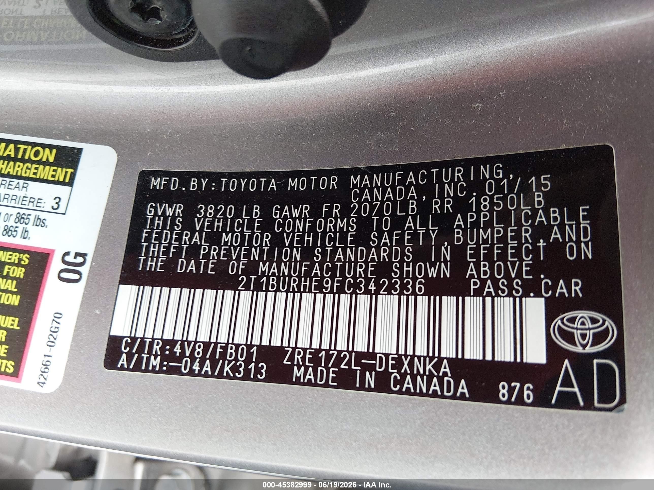 2015 Toyota Corolla Le Champagne vin: 2T1BURHE9FC342336