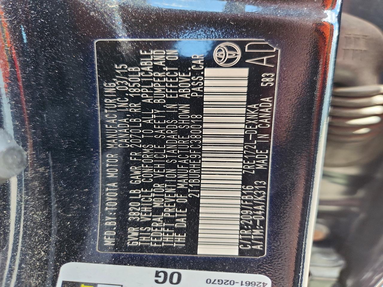 2015 Toyota Corolla Le Charcoal vin: 2T1BURHE9FC380018
