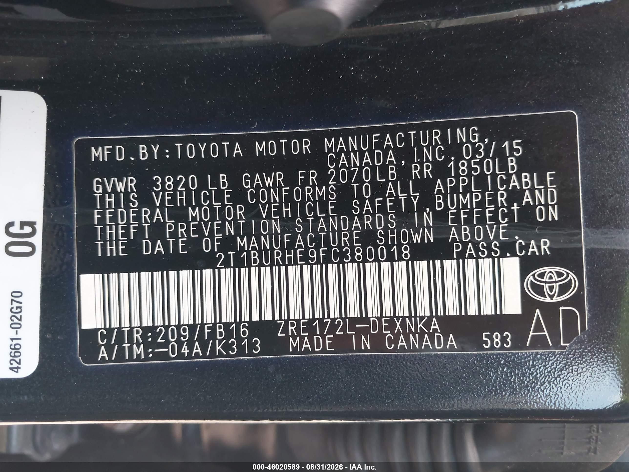 2015 Toyota Corolla Le Black vin: 2T1BURHE9FC380018