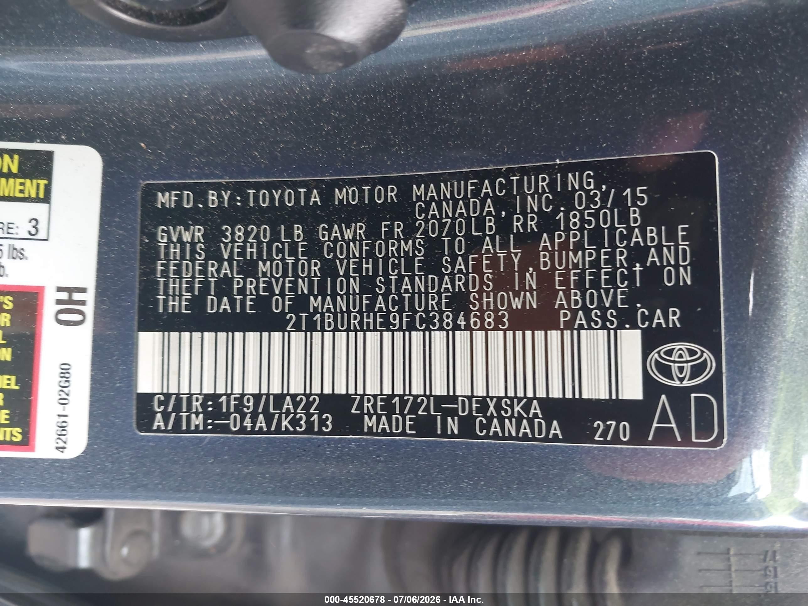 2015 Toyota Corolla S Premium Black vin: 2T1BURHE9FC384683