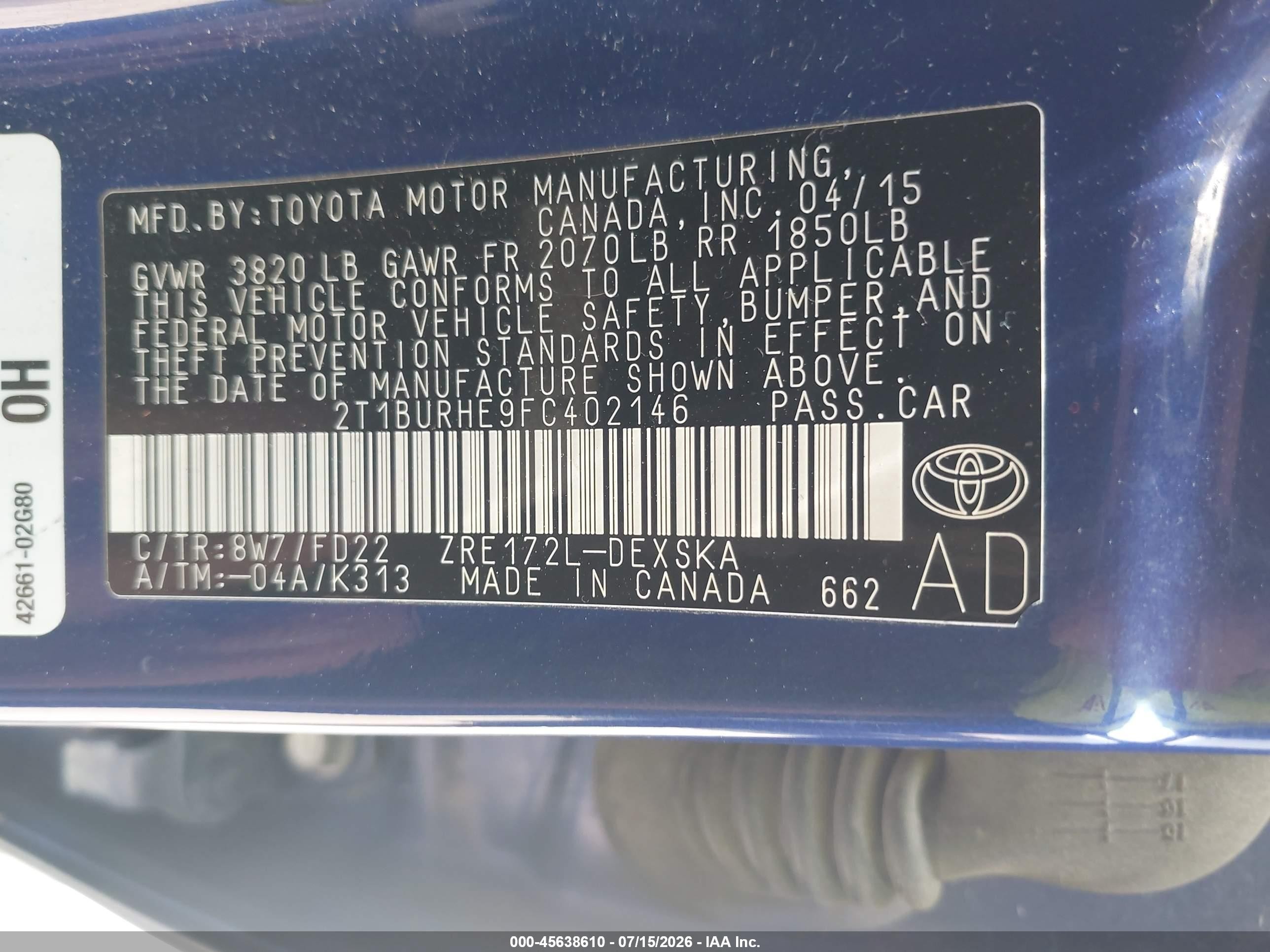 2015 Toyota Corolla S Plus Blue vin: 2T1BURHE9FC402146