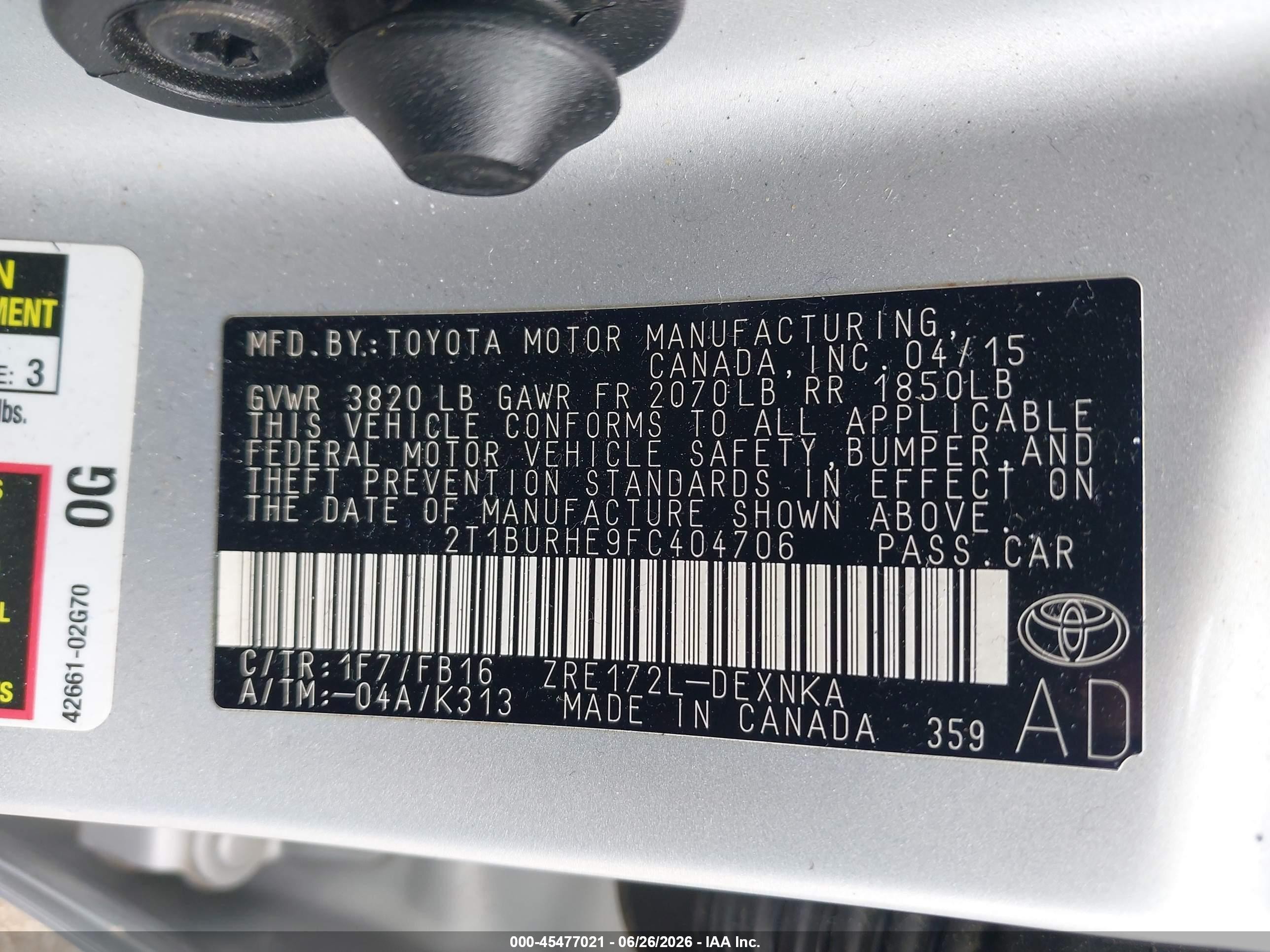 2015 Toyota Corolla Le Silver vin: 2T1BURHE9FC404706