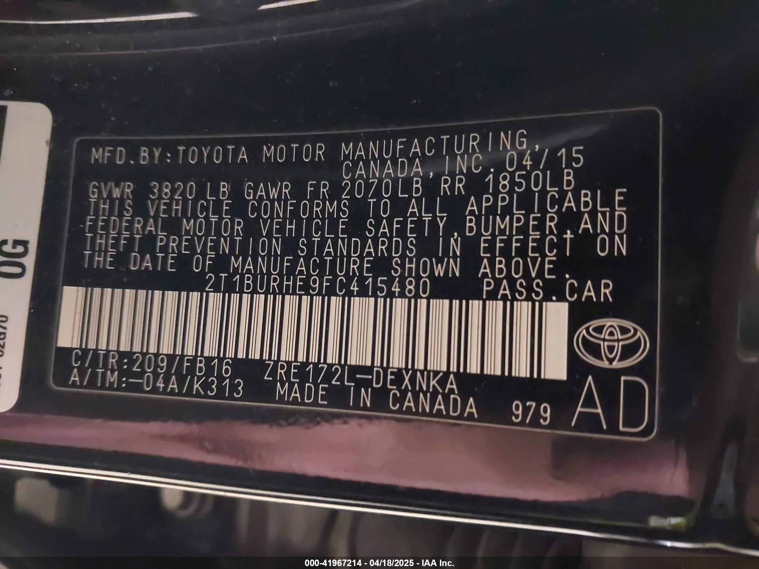 2015 Toyota Corolla Le Black vin: 2T1BURHE9FC415480