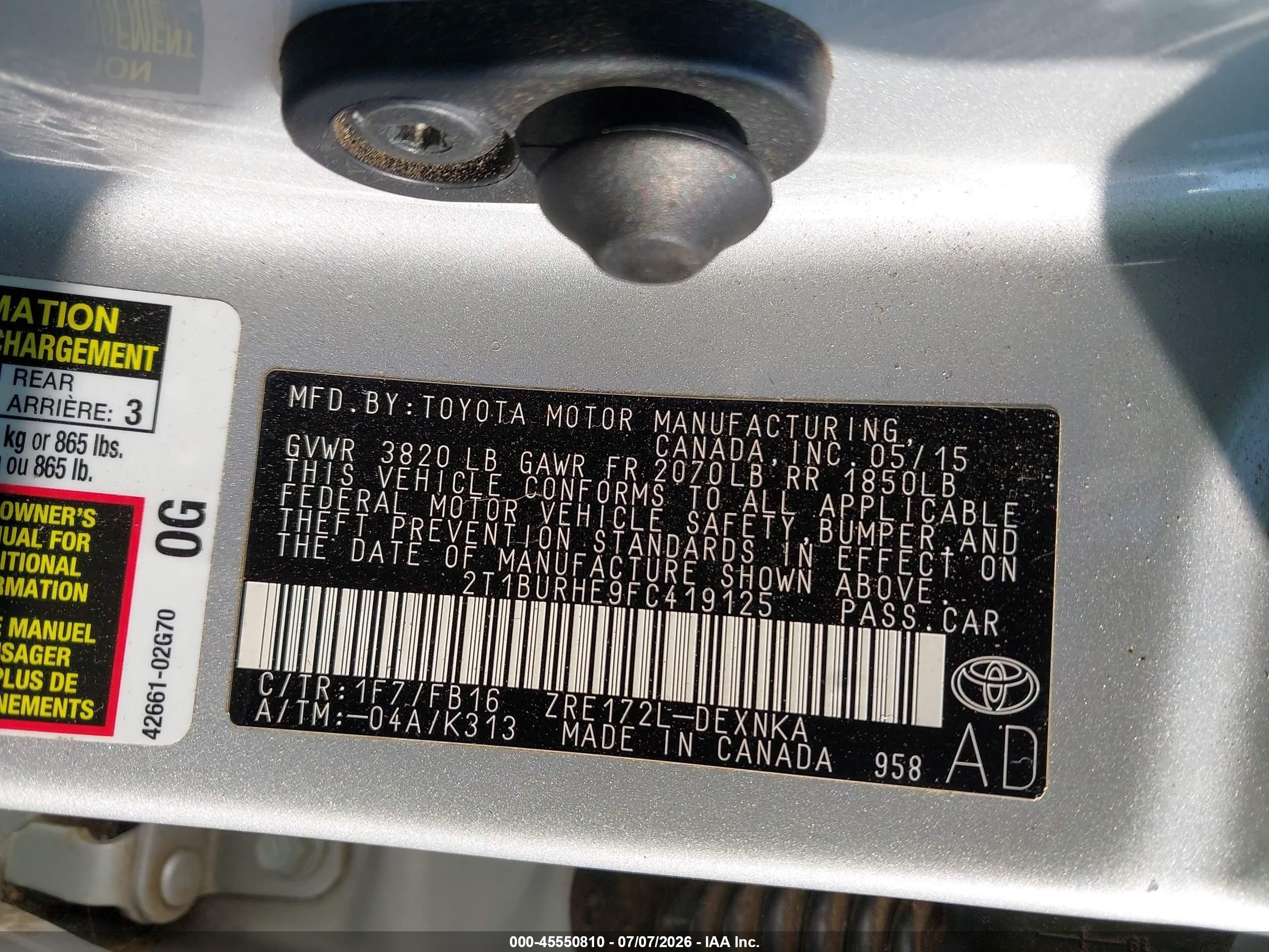 2015 Toyota Corolla Le vin: 2T1BURHE9FC419125